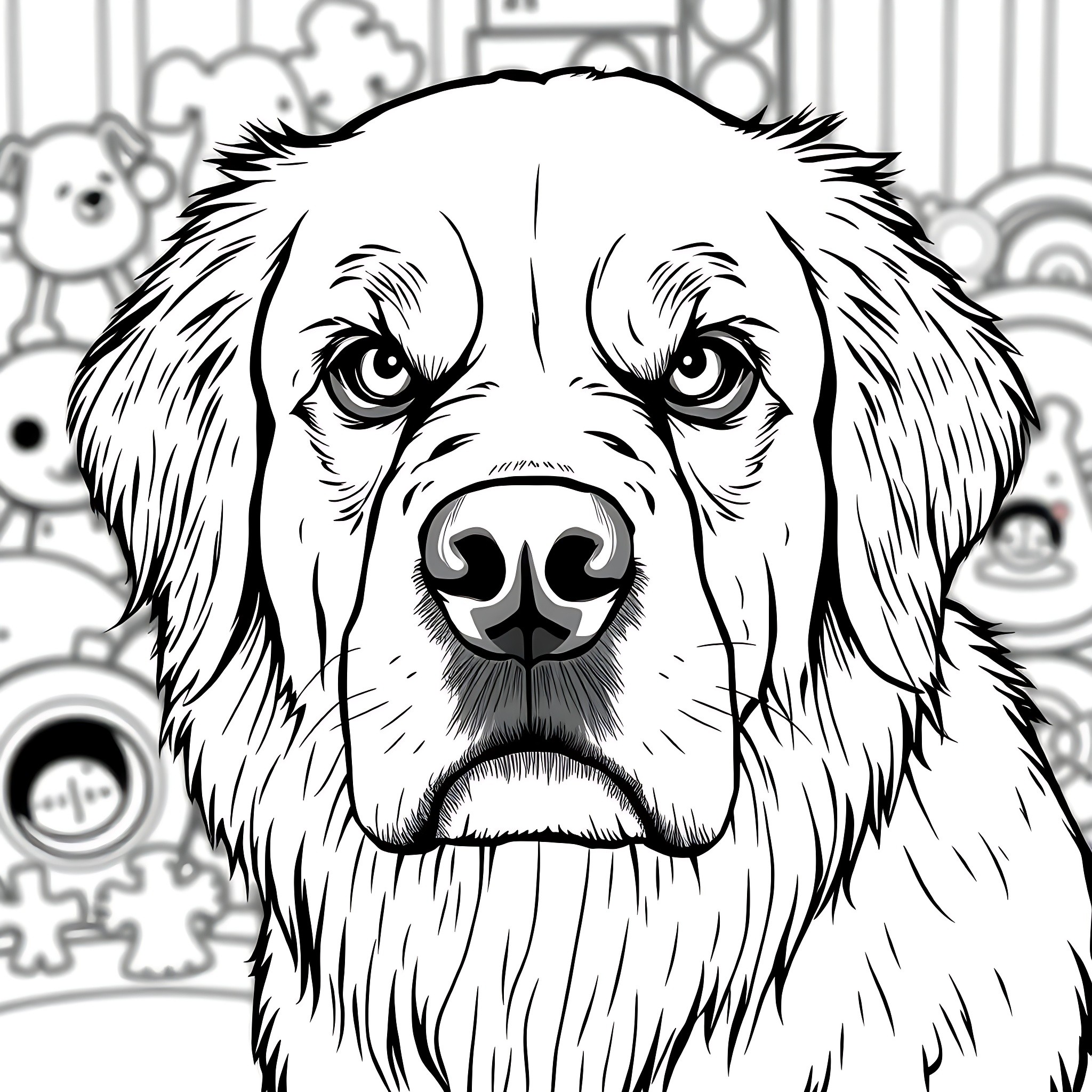 Golden Retriever in a Whimsical Scene Coloring Page (free black-and-white line drawing printable PDF for all, from beginners to advanced learners, including children, teens, adults, and seniors)