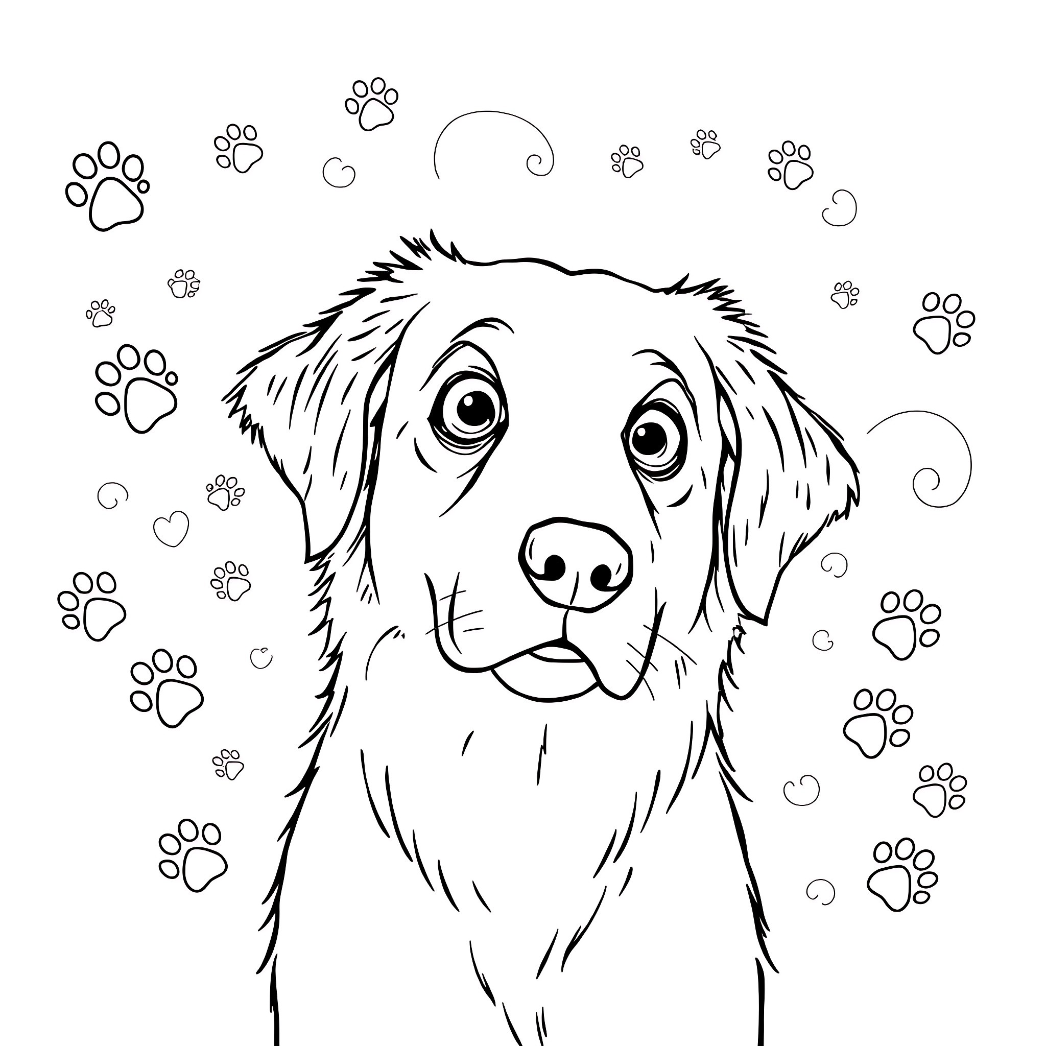 Golden Retriever playing with paw prints Coloring Page (free black-and-white line drawing printable PDF for all, from beginners to advanced learners, including children, teens, adults, and seniors)