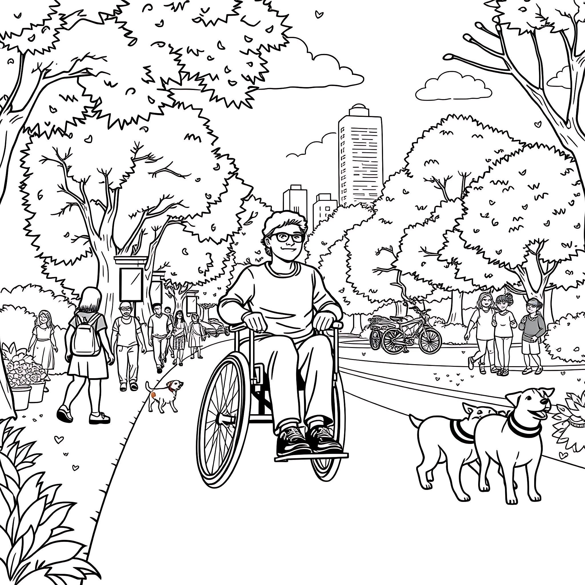 Wheelchair User Enjoying a Scenic Park outing Coloring Page (free black-and-white line drawing printable PDF for all, from beginners to advanced learners, including children, teens, adults, and seniors)