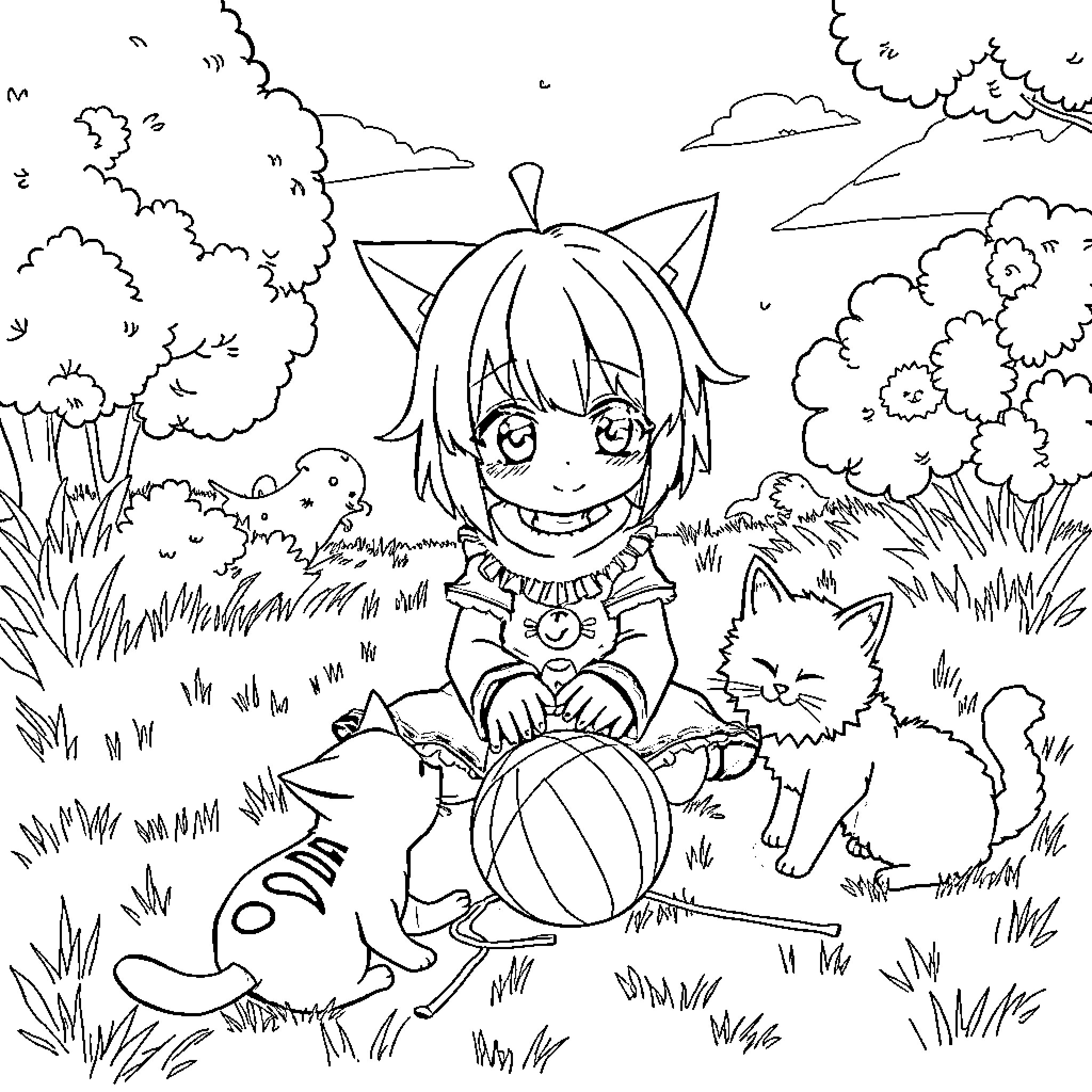 Crona exploring the outdoor wonderland with animal friends Coloring Page (free black-and-white line drawing printable PDF for all, from beginners to advanced learners, including children, teens, adults, and seniors)