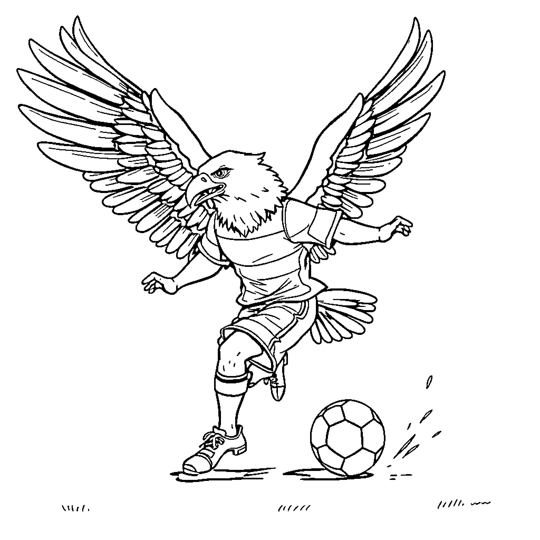 Eagle playing soccer with wings spread Coloring Page (free black-and-white line drawing printable PDF for all, from beginners to advanced learners, including children, teens, adults, and seniors)