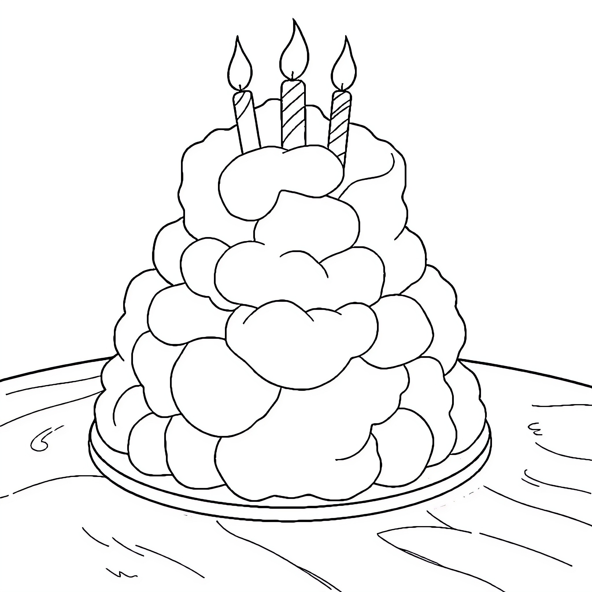 Birthday Cake with Lit Candles on Table Coloring Page (free black-and-white line drawing printable PDF for all, from beginners to advanced learners, including children, teens, adults, and seniors)