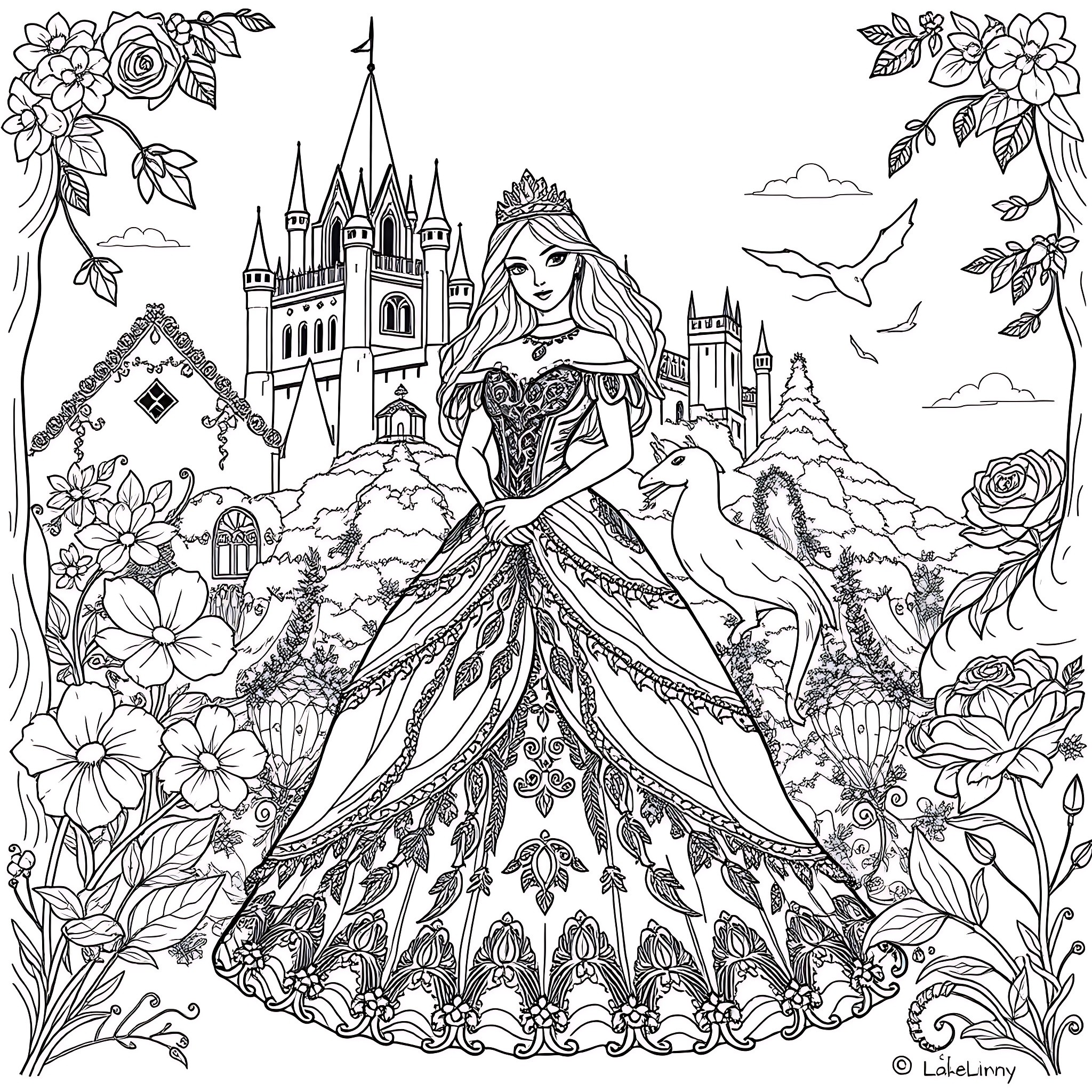 Princess in a Majestic Castle Garden Coloring Page (free black-and-white line drawing printable PDF for all, from beginners to advanced learners, including children, teens, adults, and seniors)