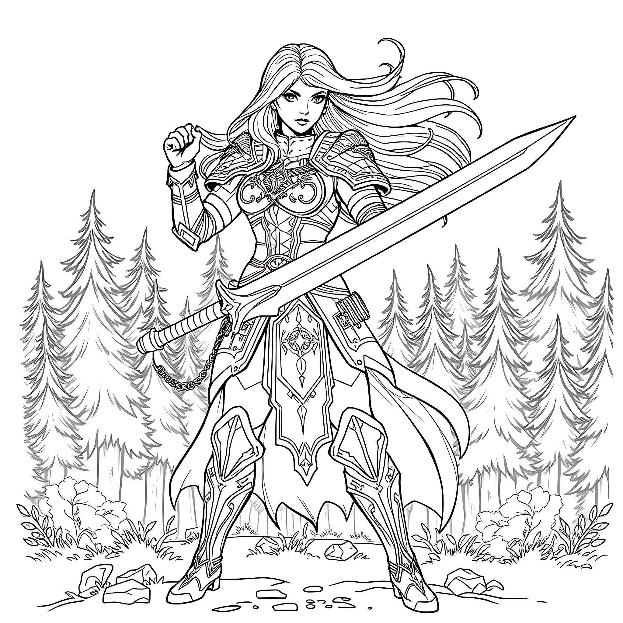 Fantasy Warrior Heroine with Sword in Forest Coloring Page (free black-and-white line drawing printable PDF for all, from beginners to advanced learners, including children, teens, adults, and seniors)