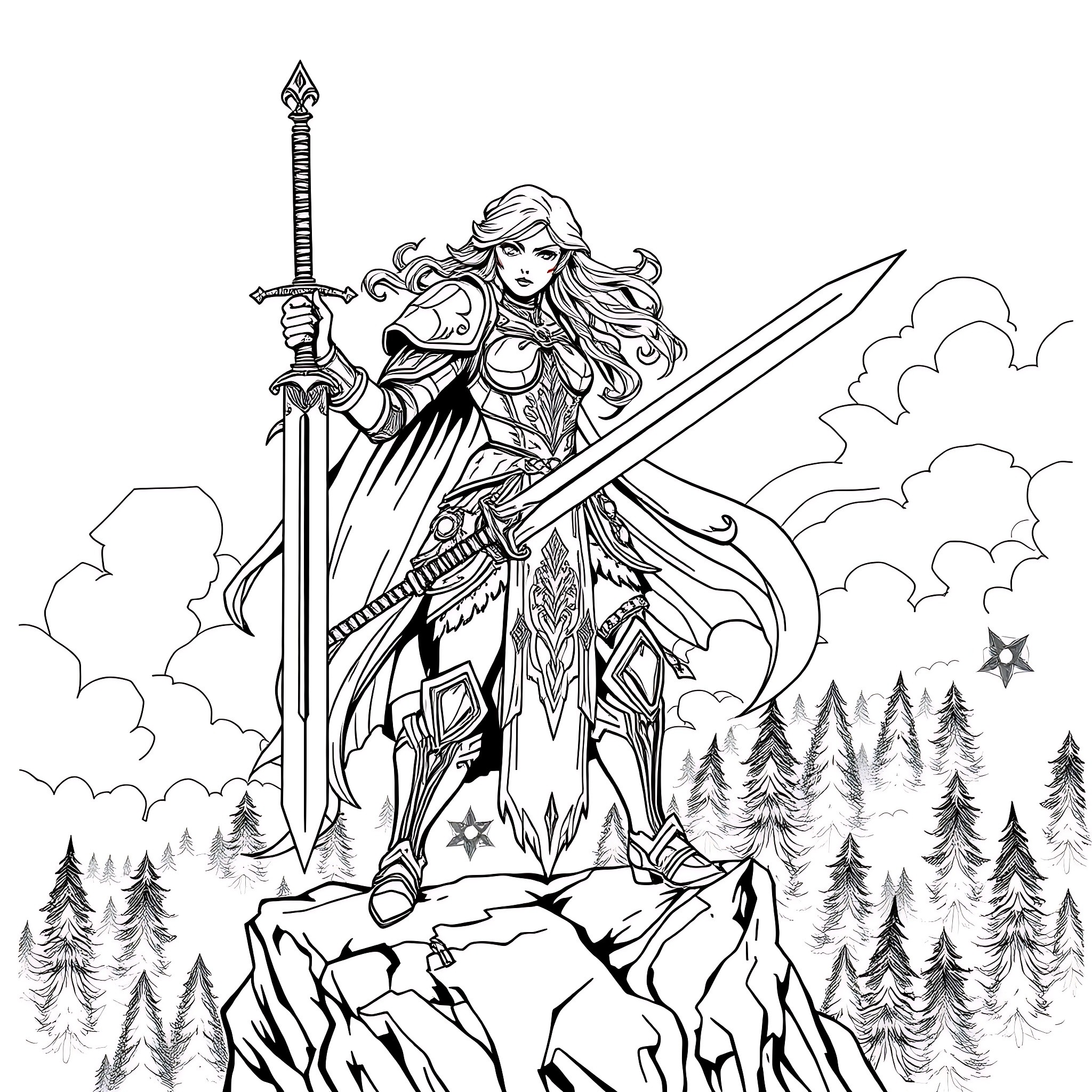 Fantasy Warrior in Fierce Battle Stance Coloring Page (free black-and-white line drawing printable PDF for all, from beginners to advanced learners, including children, teens, adults, and seniors)