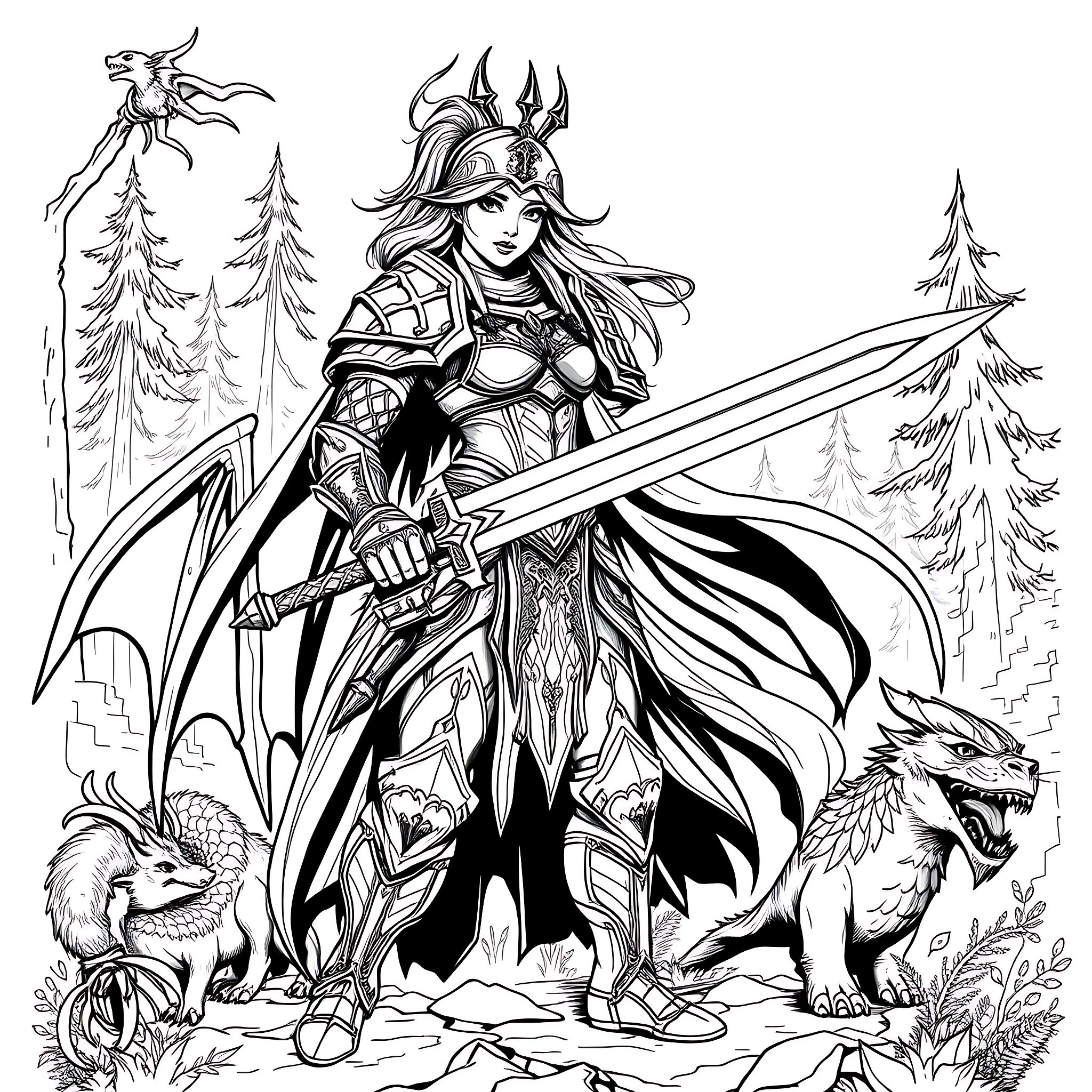 Fantasy Warrior Wielding Sword with Mythical Creatures Coloring Page (free black-and-white line drawing printable PDF for all, from beginners to advanced learners, including children, teens, adults, and seniors)