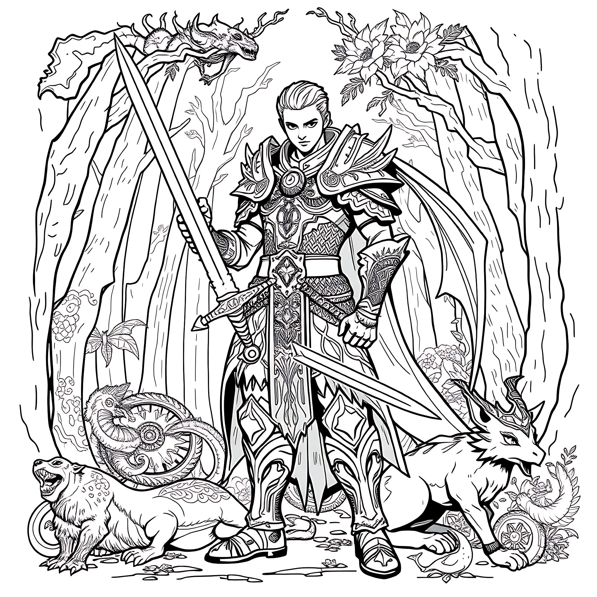Warrior hero with dragon and wild animals Coloring Page (free black-and-white line drawing printable PDF for all, from beginners to advanced learners, including children, teens, adults, and seniors)