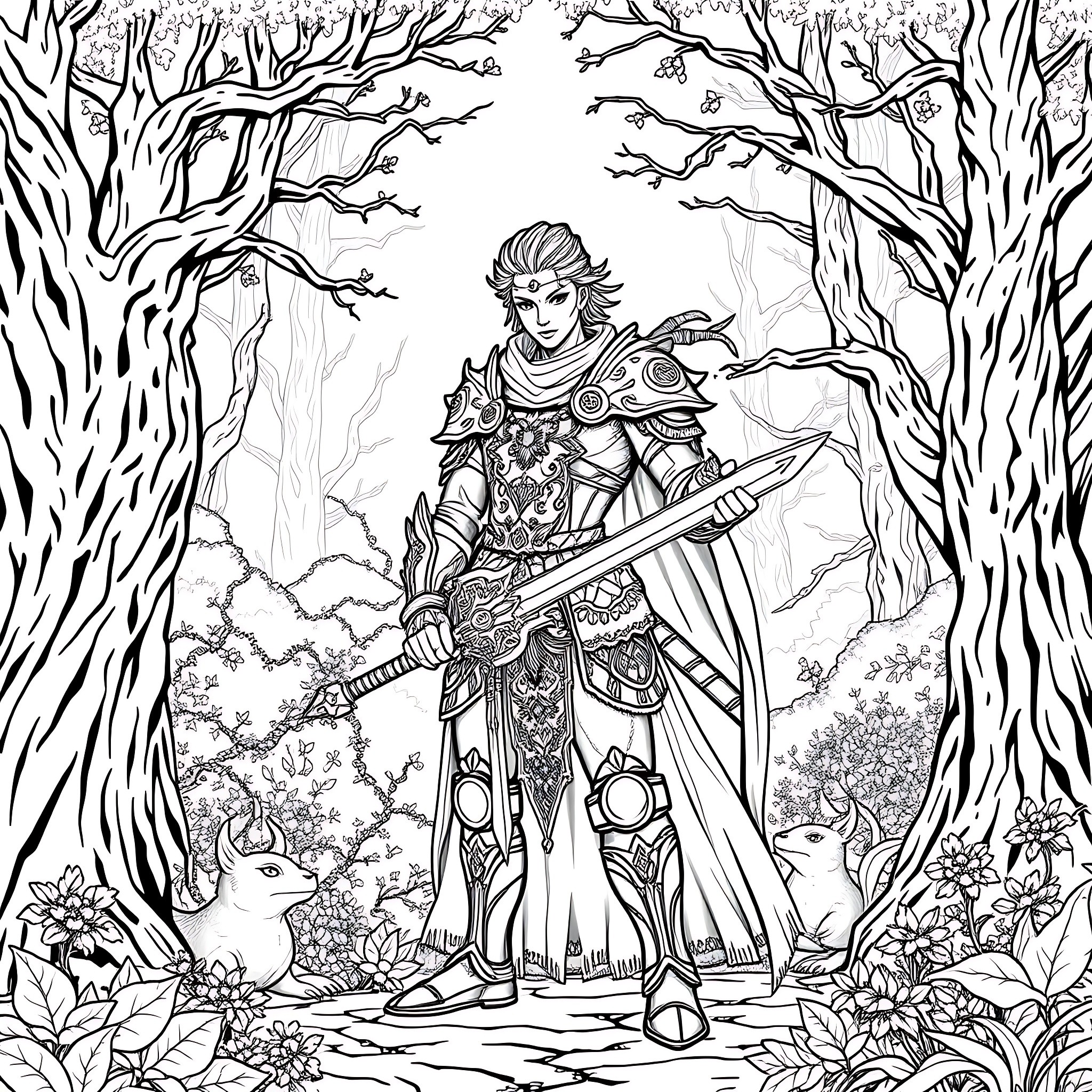 Warrior Stands Resolute in Enchanted Forest Coloring Page (free black-and-white line drawing printable PDF for all, from beginners to advanced learners, including children, teens, adults, and seniors)