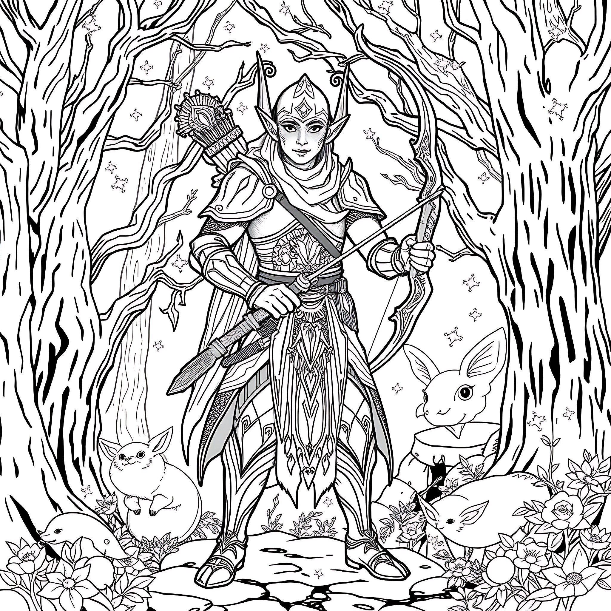 Elf warrior in enchanted forest with forest creatures Coloring Page (free black-and-white line drawing printable PDF for all, from beginners to advanced learners, including children, teens, adults, and seniors)