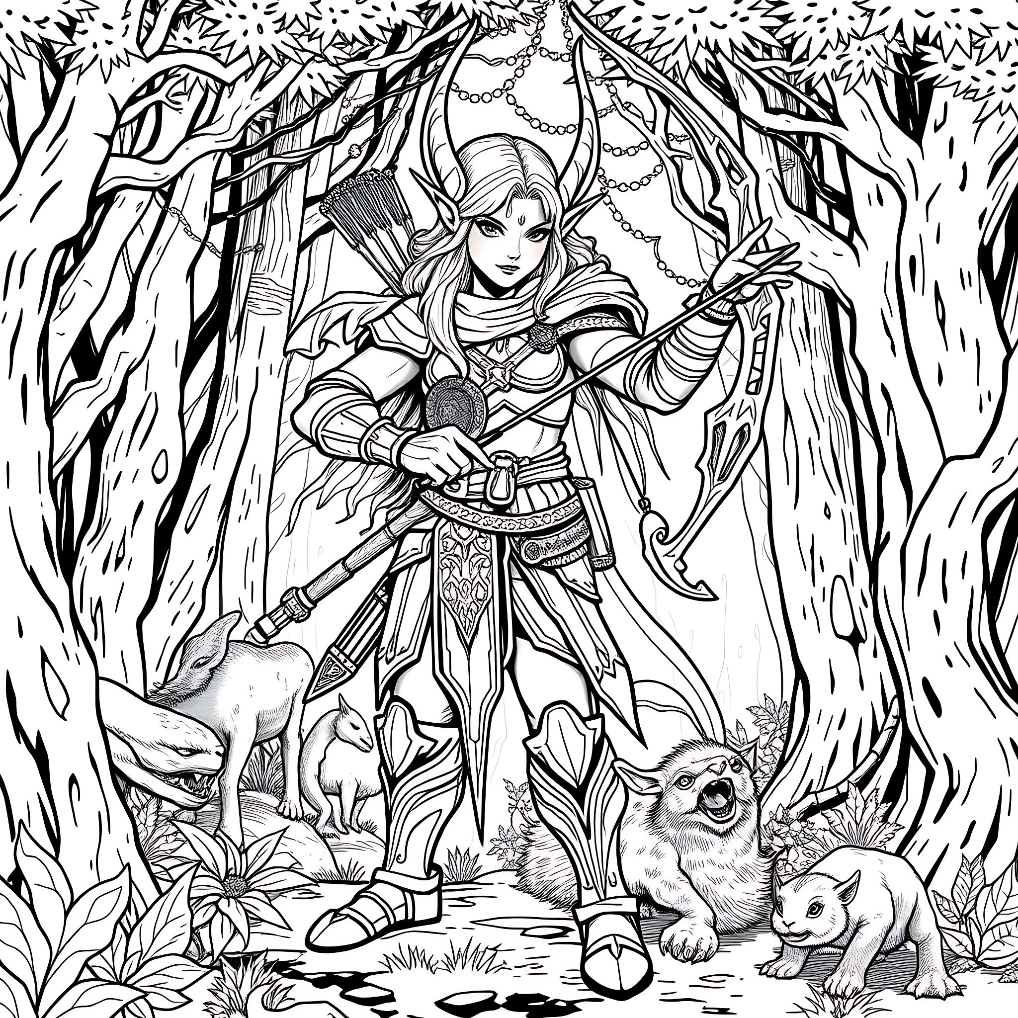 Elf warrior amidst the enchanted forest Coloring Page (free black-and-white line drawing printable PDF for all, from beginners to advanced learners, including children, teens, adults, and seniors)