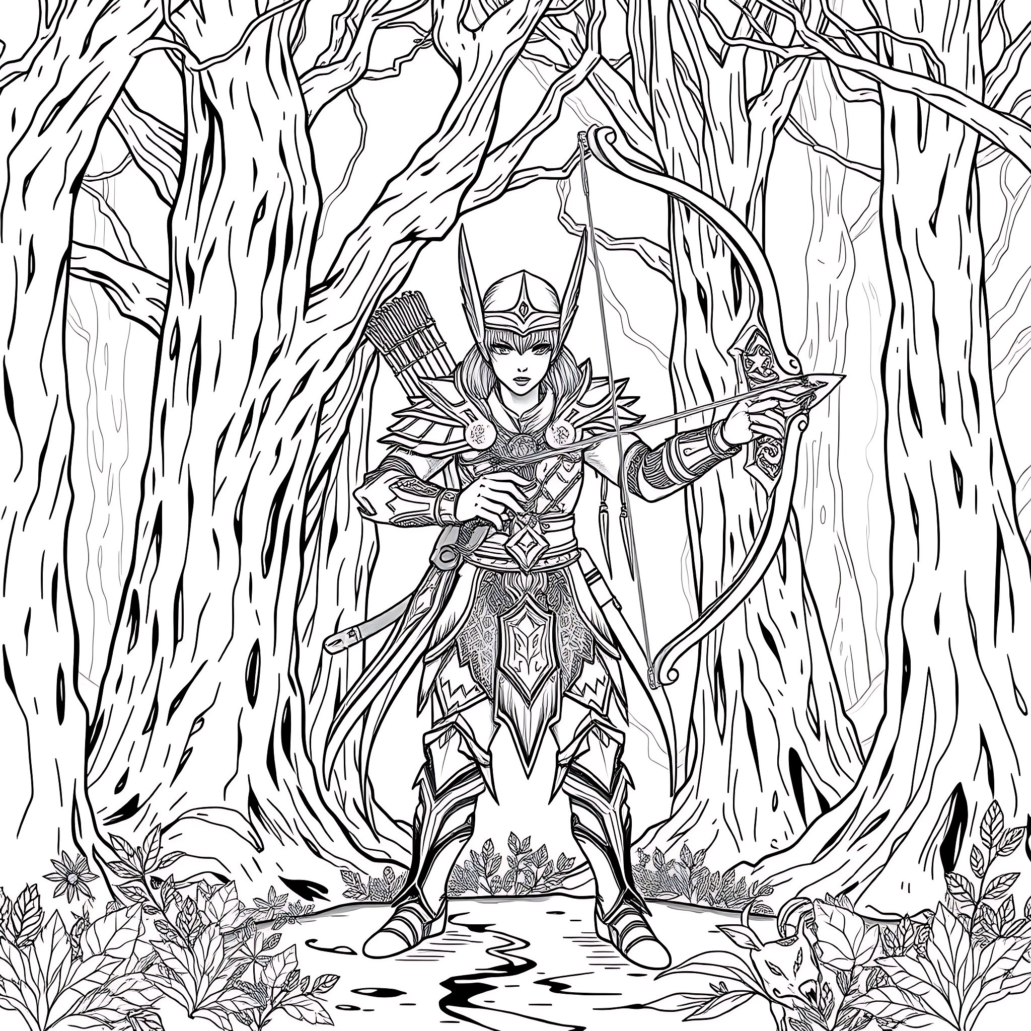 Elf warrior in the enchanted forest Coloring Page (free black-and-white line drawing printable PDF for all, from beginners to advanced learners, including children, teens, adults, and seniors)