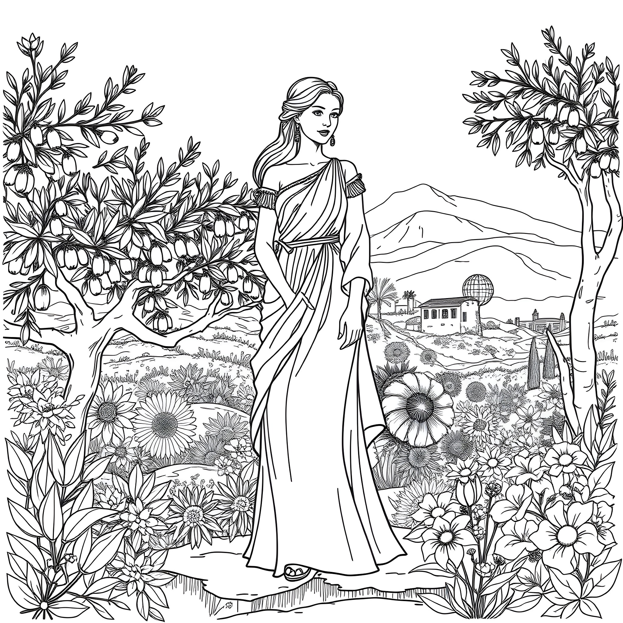 Clothing in a Lush Floral Landscape Coloring Page (free black-and-white line drawing printable PDF for all, from beginners to advanced learners, including children, teens, adults, and seniors)