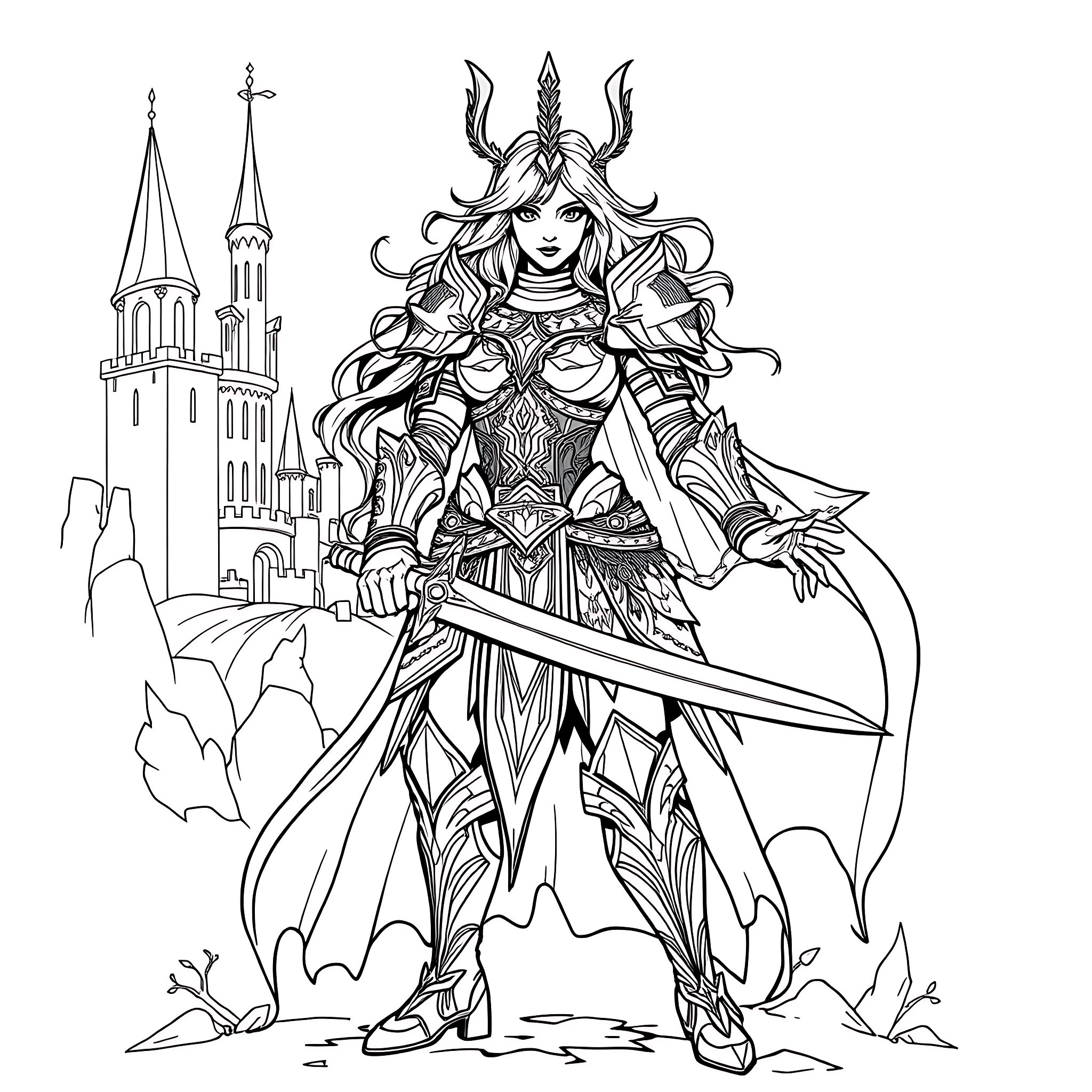 Fantasy Warrior Marches Towards Ancient Castle Coloring Page (free black-and-white line drawing printable PDF for all, from beginners to advanced learners, including children, teens, adults, and seniors)