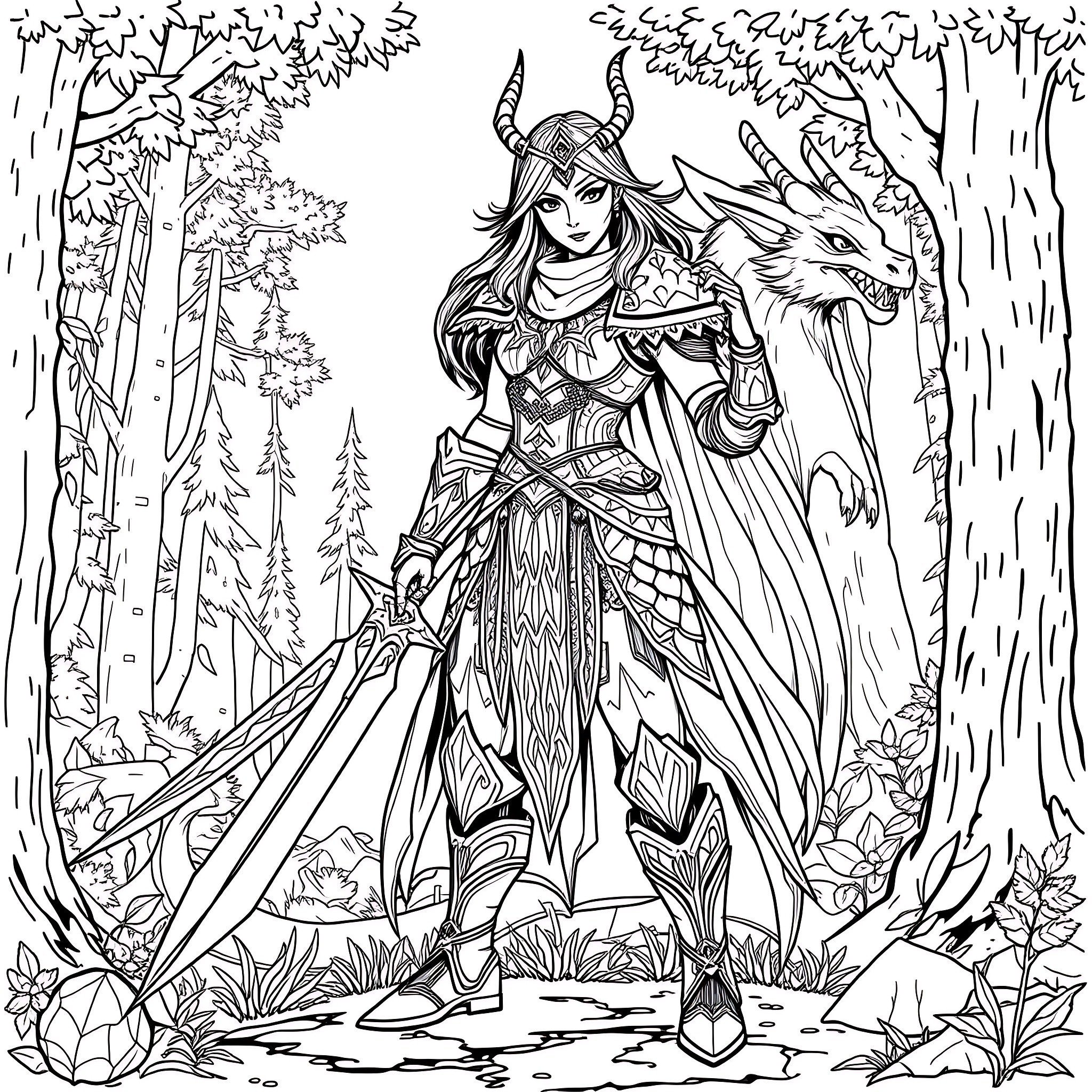 Warrior Maiden in Enchanted Forest Encounter Coloring Page (free black-and-white line drawing printable PDF for all, from beginners to advanced learners, including children, teens, adults, and seniors)