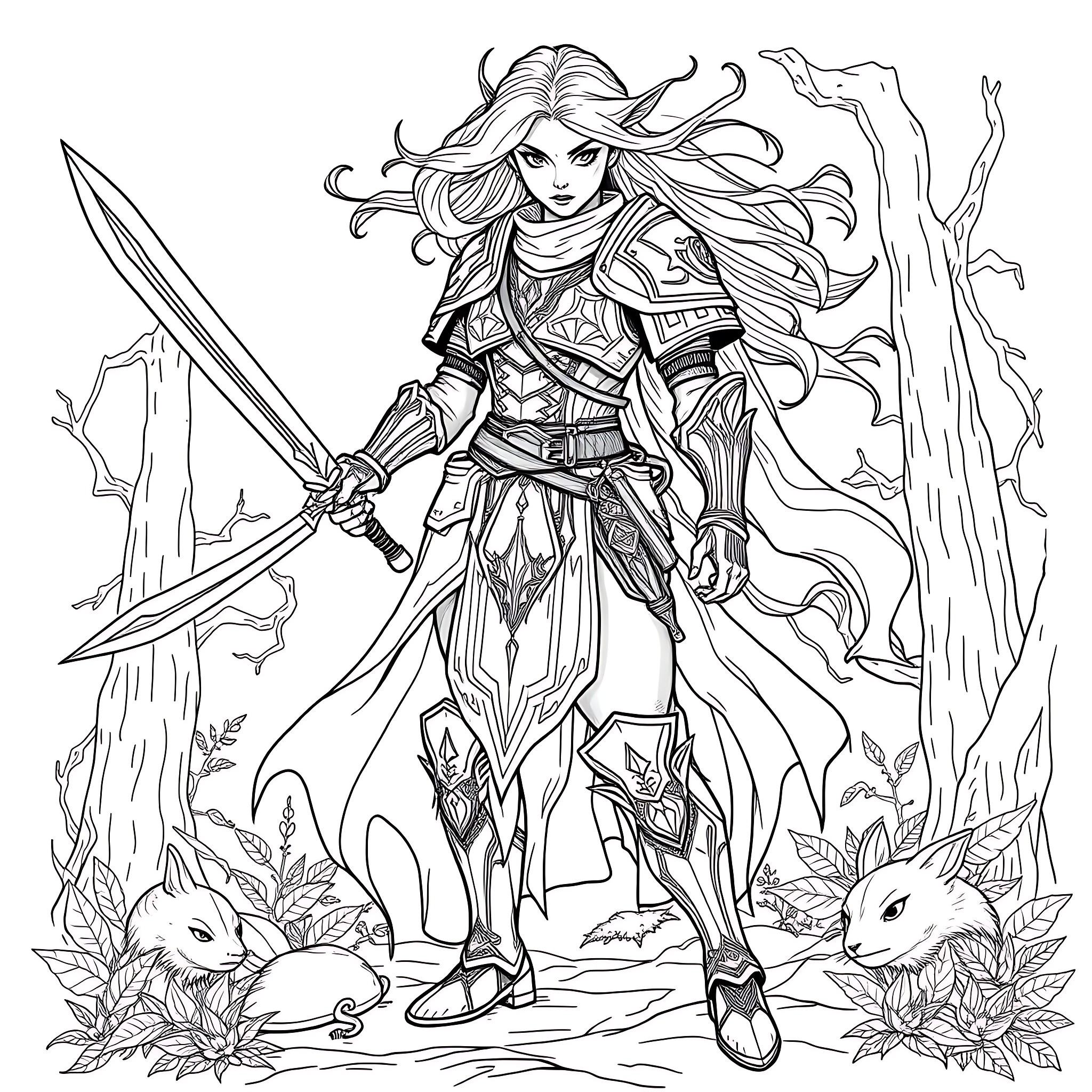 Warrior Maiden Wielding Sword in Mystical Forest Coloring Page (free black-and-white line drawing printable PDF for all, from beginners to advanced learners, including children, teens, adults, and seniors)
