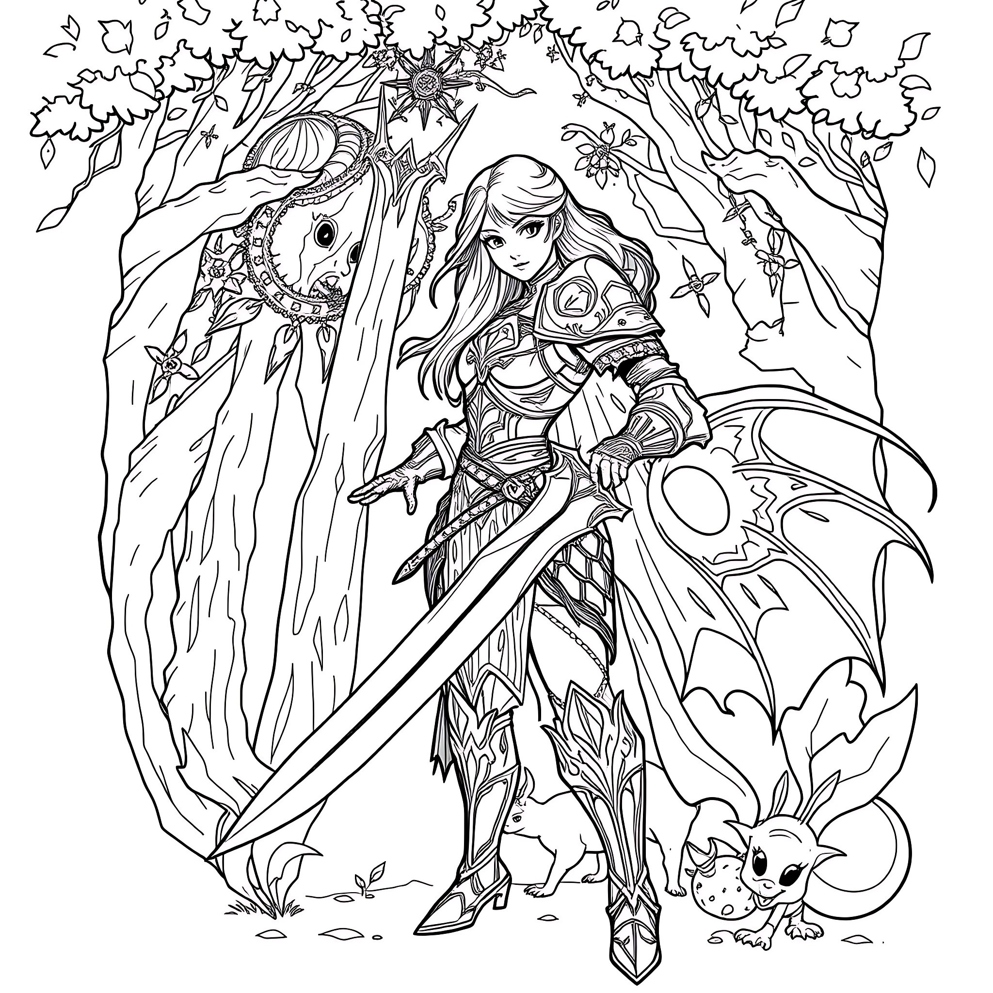 Fantasy Fighter Heroine in Enchanted Forest Coloring Page (free black-and-white line drawing printable PDF for all, from beginners to advanced learners, including children, teens, adults, and seniors)