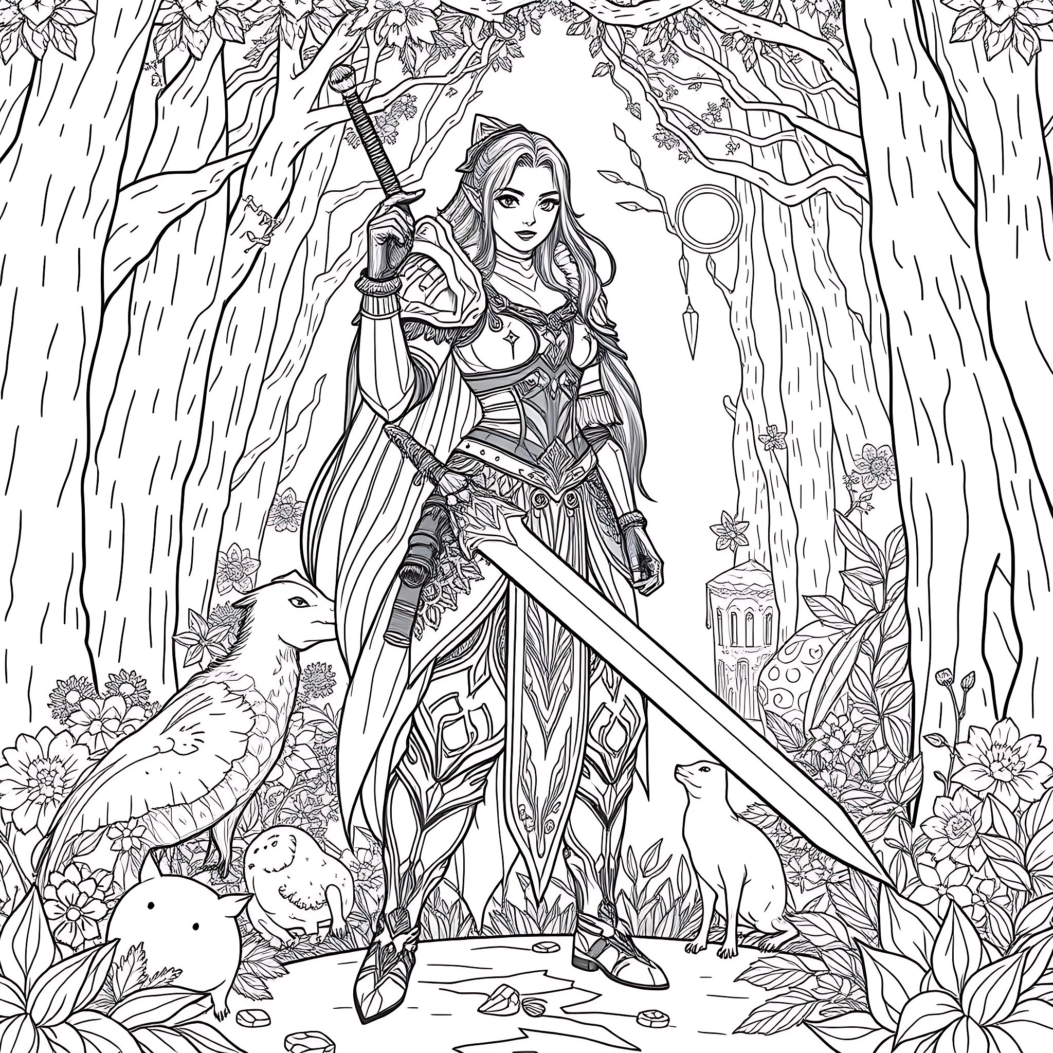 Fantasy Fighter in the Enchanted Forest Coloring Page (free black-and-white line drawing printable PDF for all, from beginners to advanced learners, including children, teens, adults, and seniors)