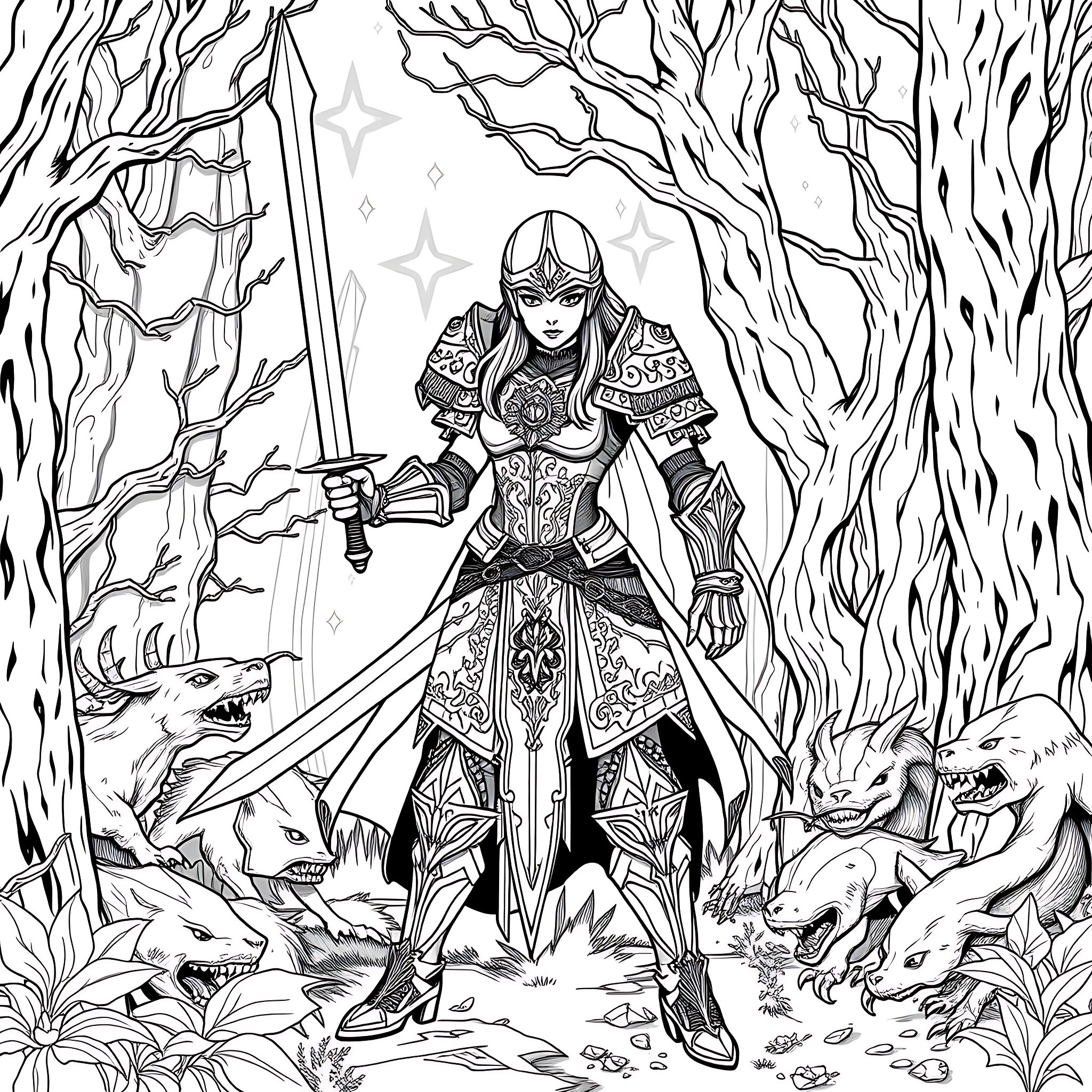 Fantasy Fighter in a Mystical Forest Coloring Page (free black-and-white line drawing printable PDF for all, from beginners to advanced learners, including children, teens, adults, and seniors)