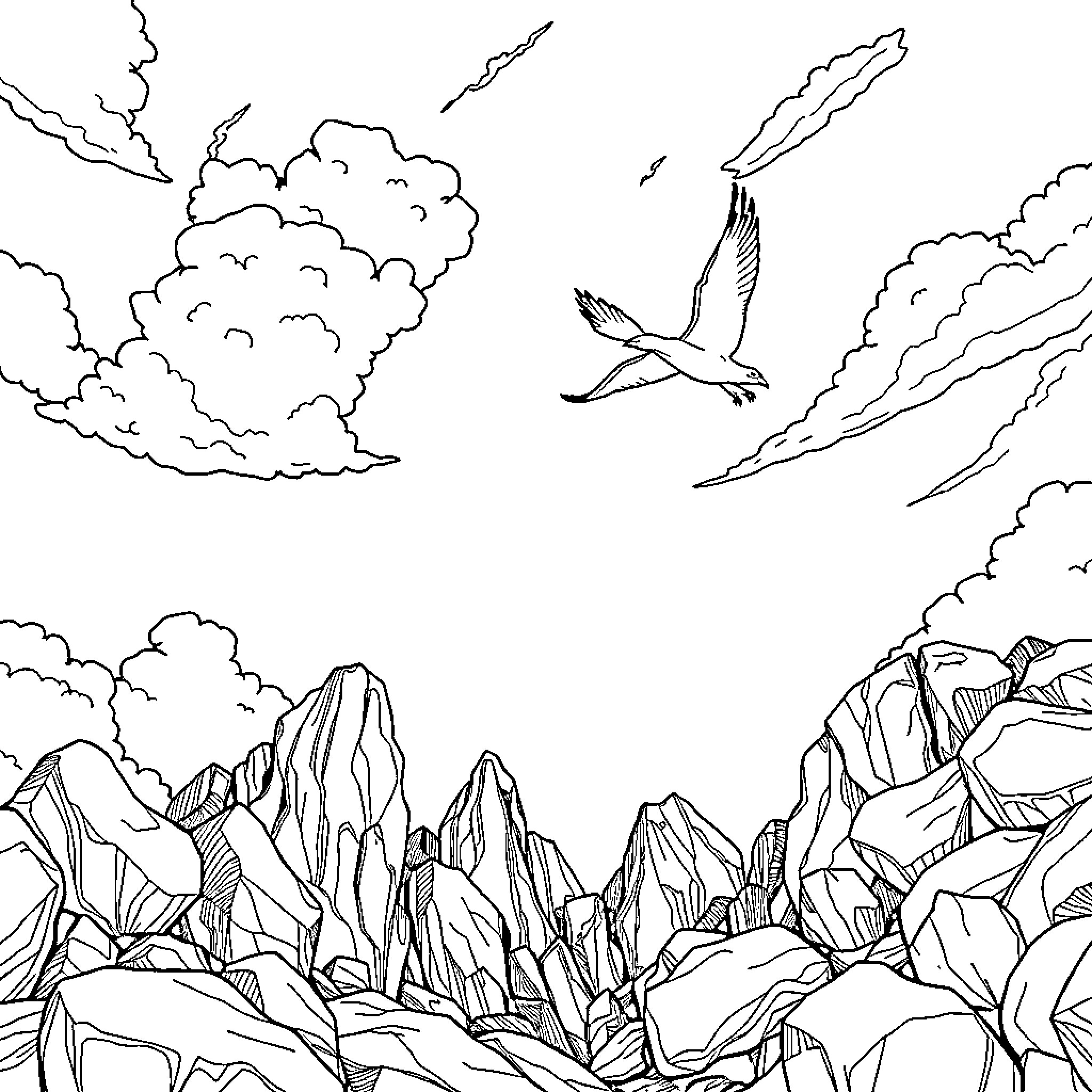 Sky soaring bird and clouds above rugged terrain Coloring Page (free black-and-white line drawing printable PDF for all, from beginners to advanced learners, including children, teens, adults, and seniors)