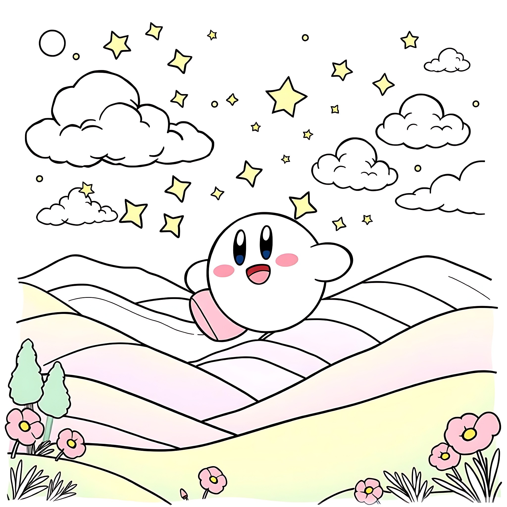 Kirby's Starry Night Adventure Coloring Page (free black-and-white line drawing printable PDF for all, from beginners to advanced learners, including children, teens, adults, and seniors)