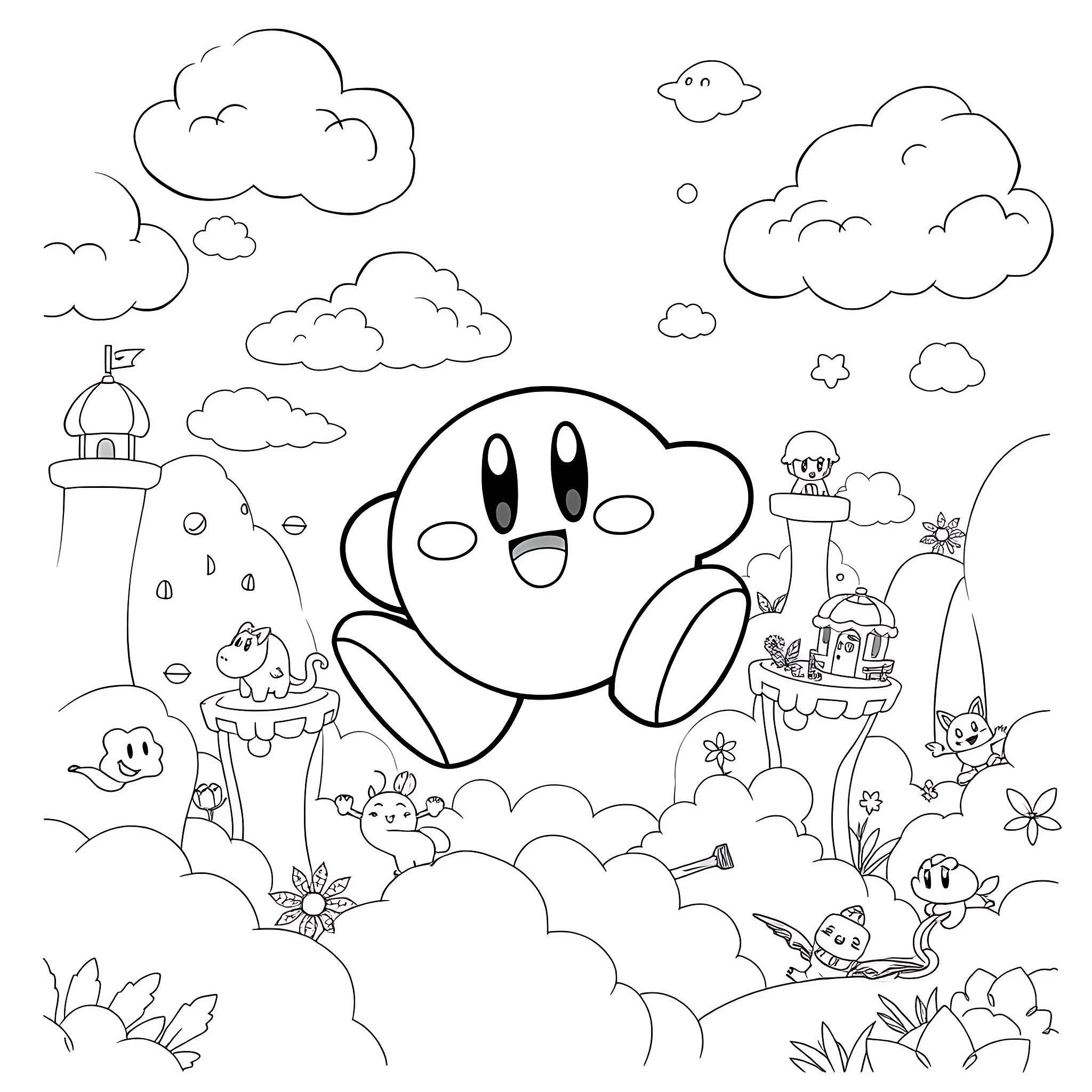 Kirby in a whimsical adventure among the clouds Coloring Page (free black-and-white line drawing printable PDF for all, from beginners to advanced learners, including children, teens, adults, and seniors)