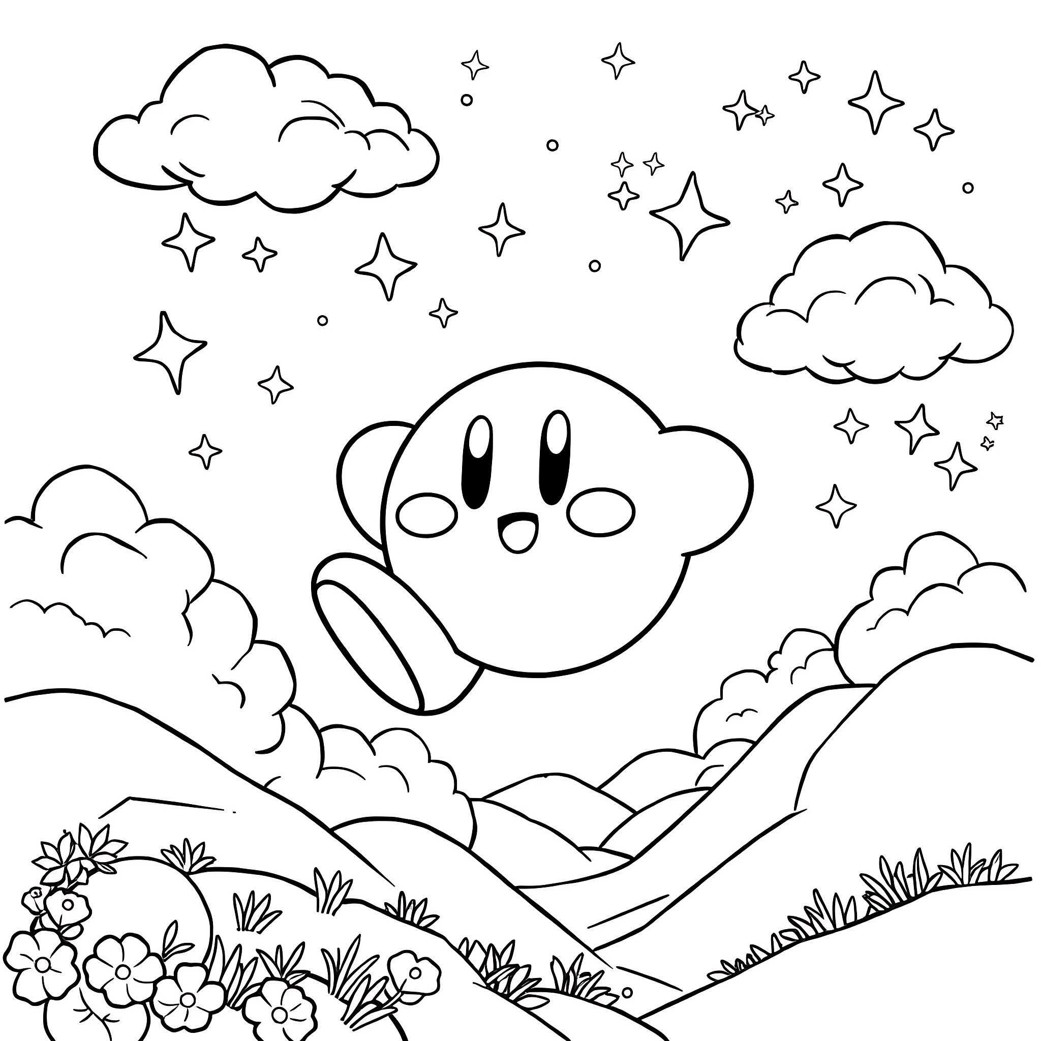 Kirby exploring the starry night sky Coloring Page (free black-and-white line drawing printable PDF for all, from beginners to advanced learners, including children, teens, adults, and seniors)