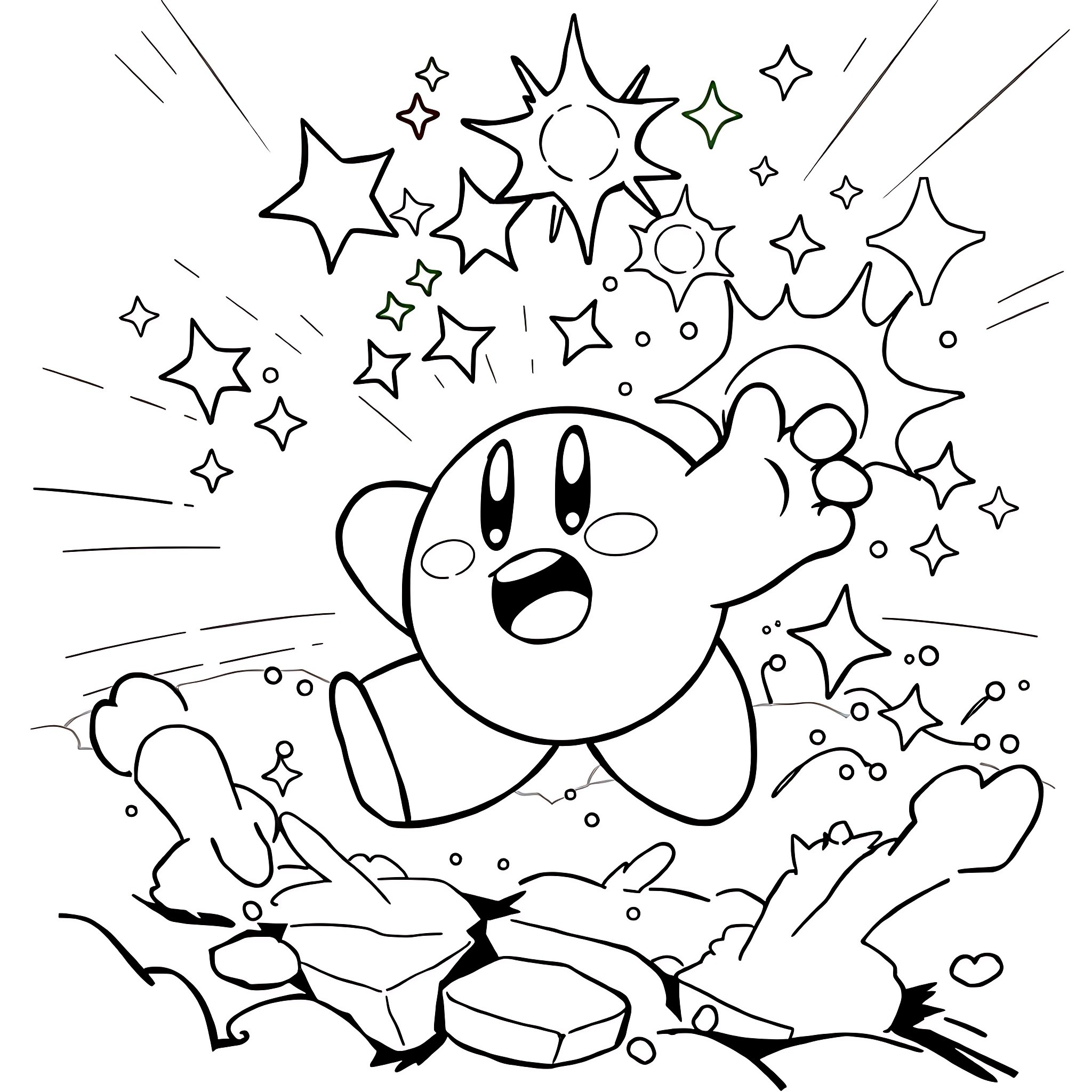 Kirby Surrounded by Whimsical Stars and Sparkles Coloring Page (free black-and-white line drawing printable PDF for all, from beginners to advanced learners, including children, teens, adults, and seniors)