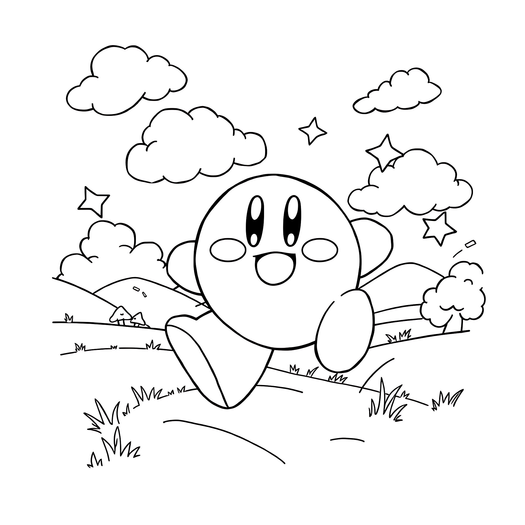 Kirby exploring a whimsical outdoor scene Coloring Page (free black-and-white line drawing printable PDF for all, from beginners to advanced learners, including children, teens, adults, and seniors)