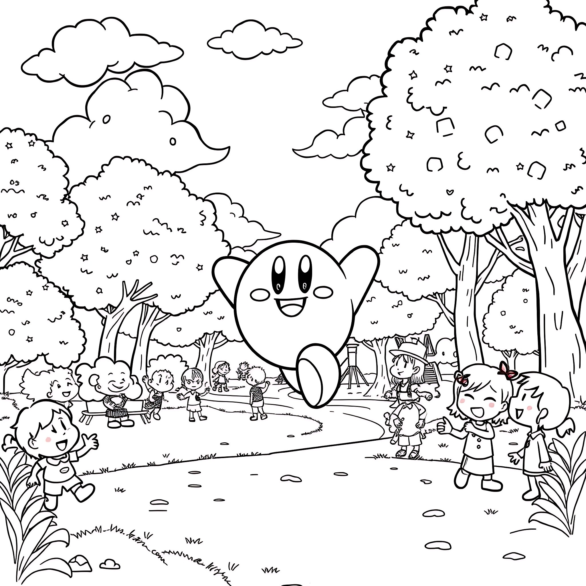 Kirby playing in the magical forest with friends Coloring Page (free black-and-white line drawing printable PDF for all, from beginners to advanced learners, including children, teens, adults, and seniors)