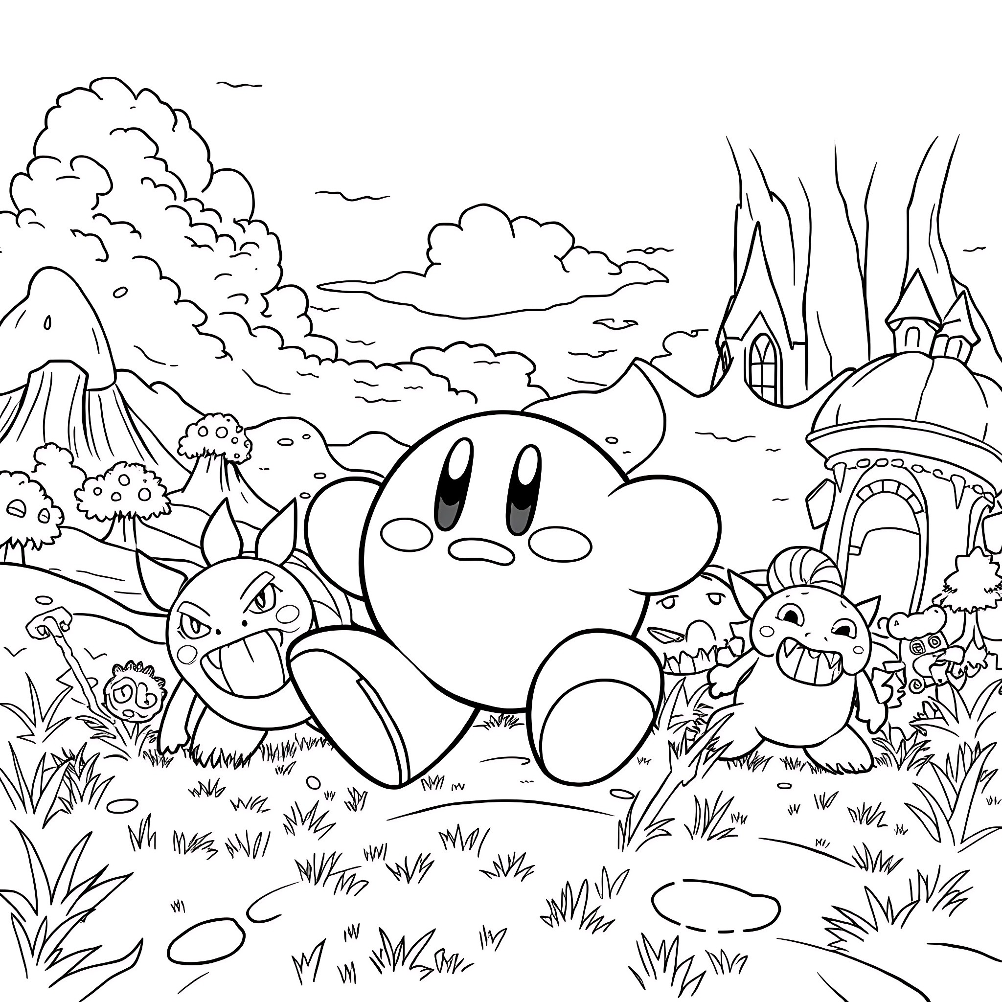 Kirby exploring a whimsical fantasy landscape Coloring Page (free black-and-white line drawing printable PDF for all, from beginners to advanced learners, including children, teens, adults, and seniors)