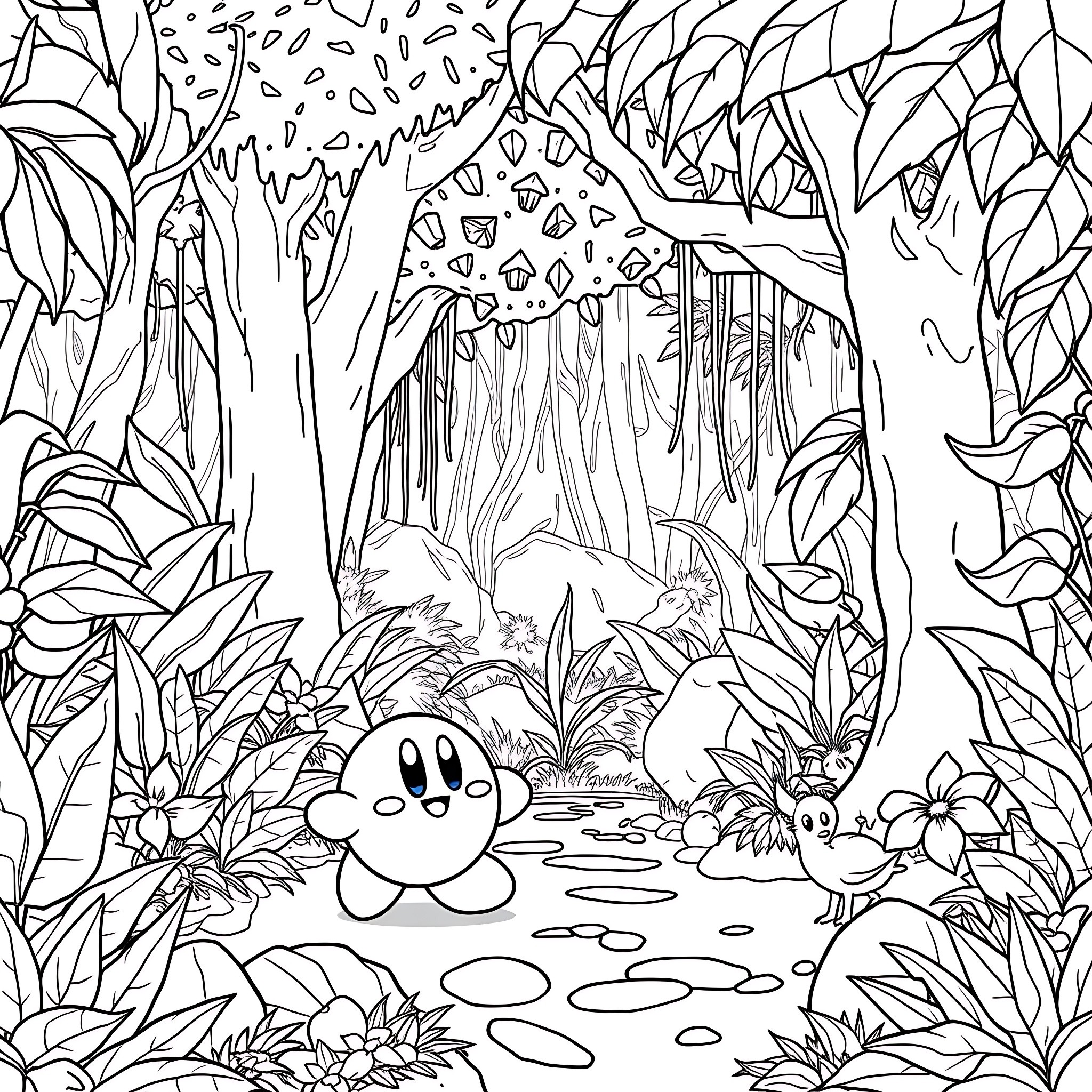 Kirby explores the whimsical forest with friends Coloring Page (free black-and-white line drawing printable PDF for all, from beginners to advanced learners, including children, teens, adults, and seniors)