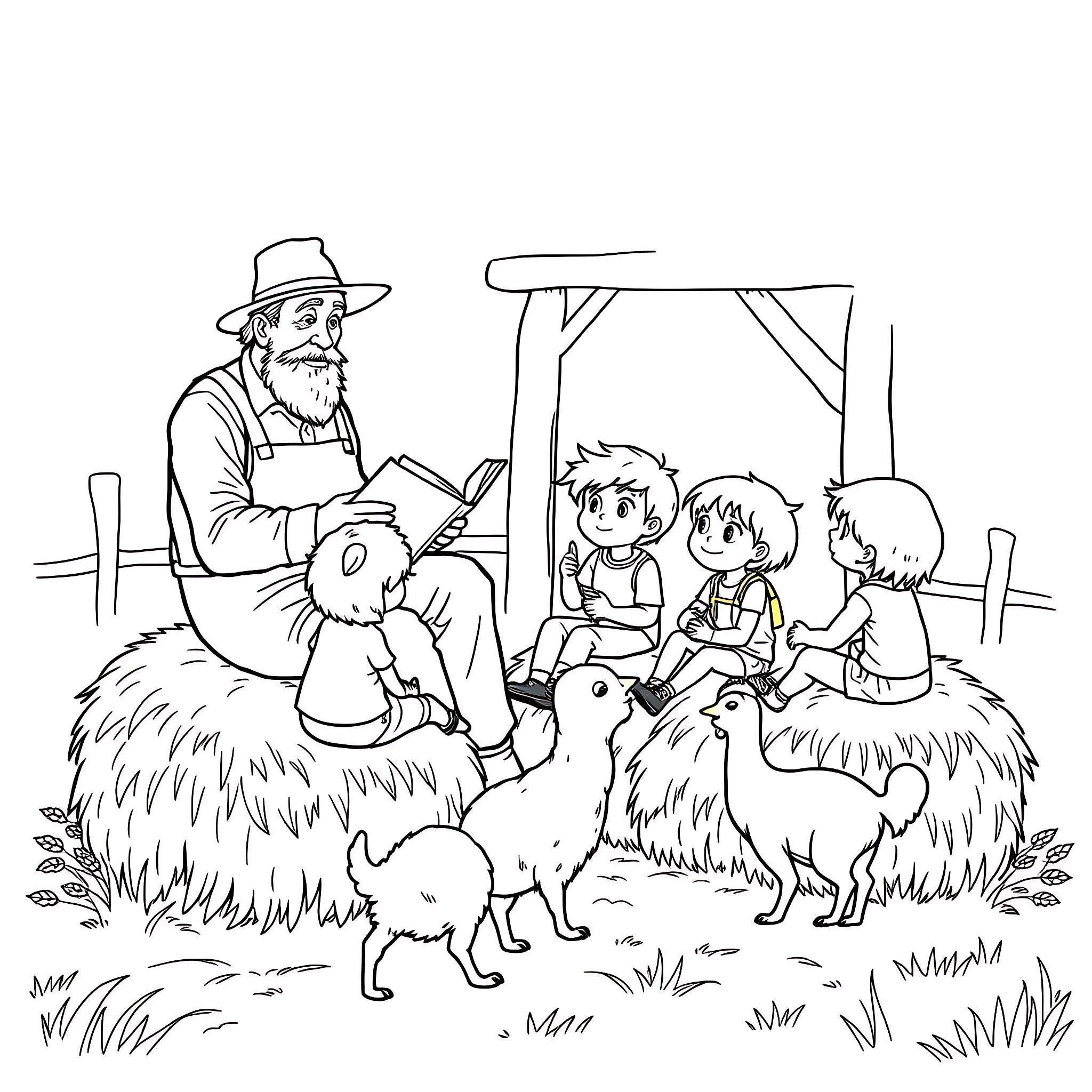 Farmer telling stories to children in the countryside Coloring Page (free black-and-white line drawing printable PDF for all, from beginners to advanced learners, including children, teens, adults, and seniors)