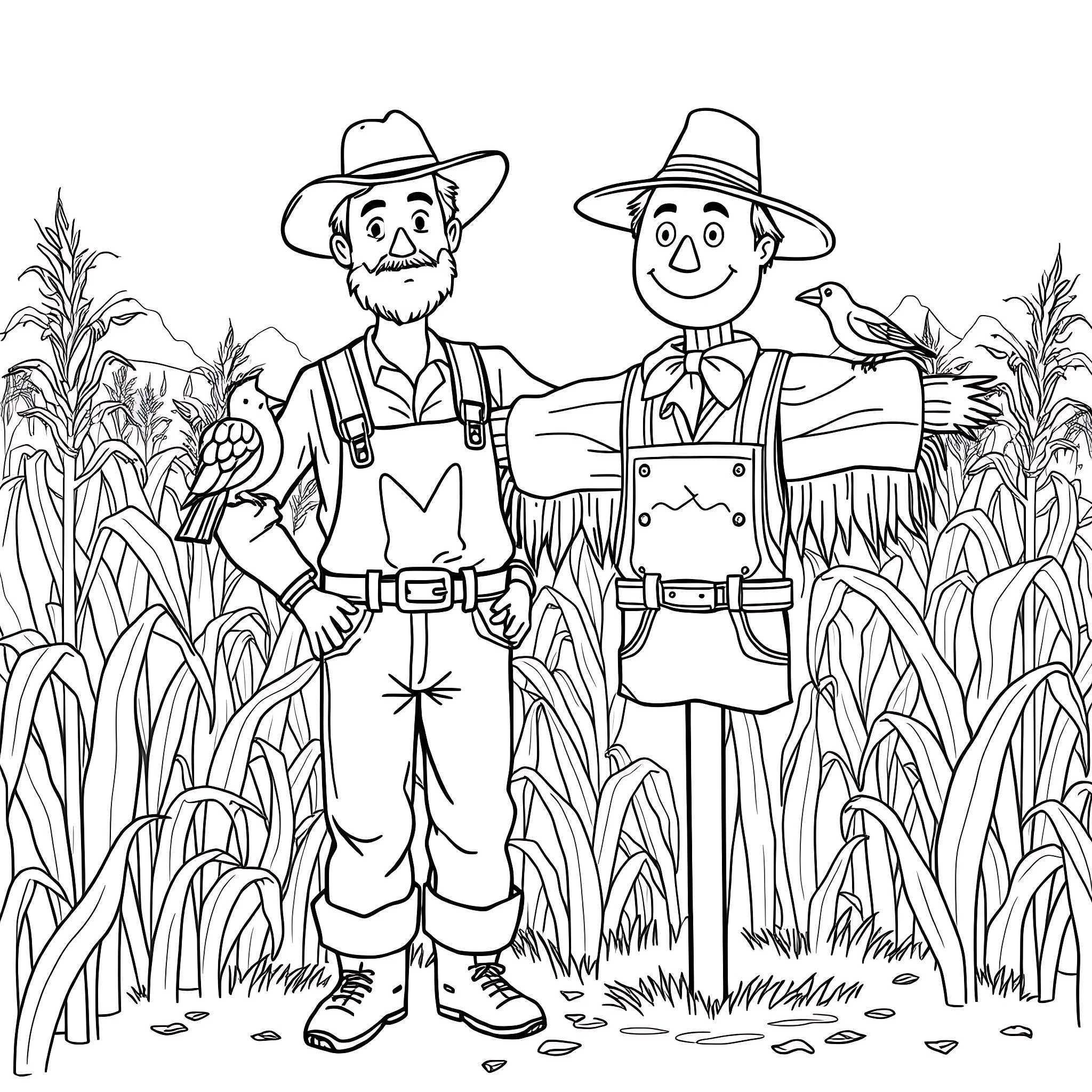 Farmers Standing in a Cornfield Coloring Page (free black-and-white line drawing printable PDF for all, from beginners to advanced learners, including children, teens, adults, and seniors)