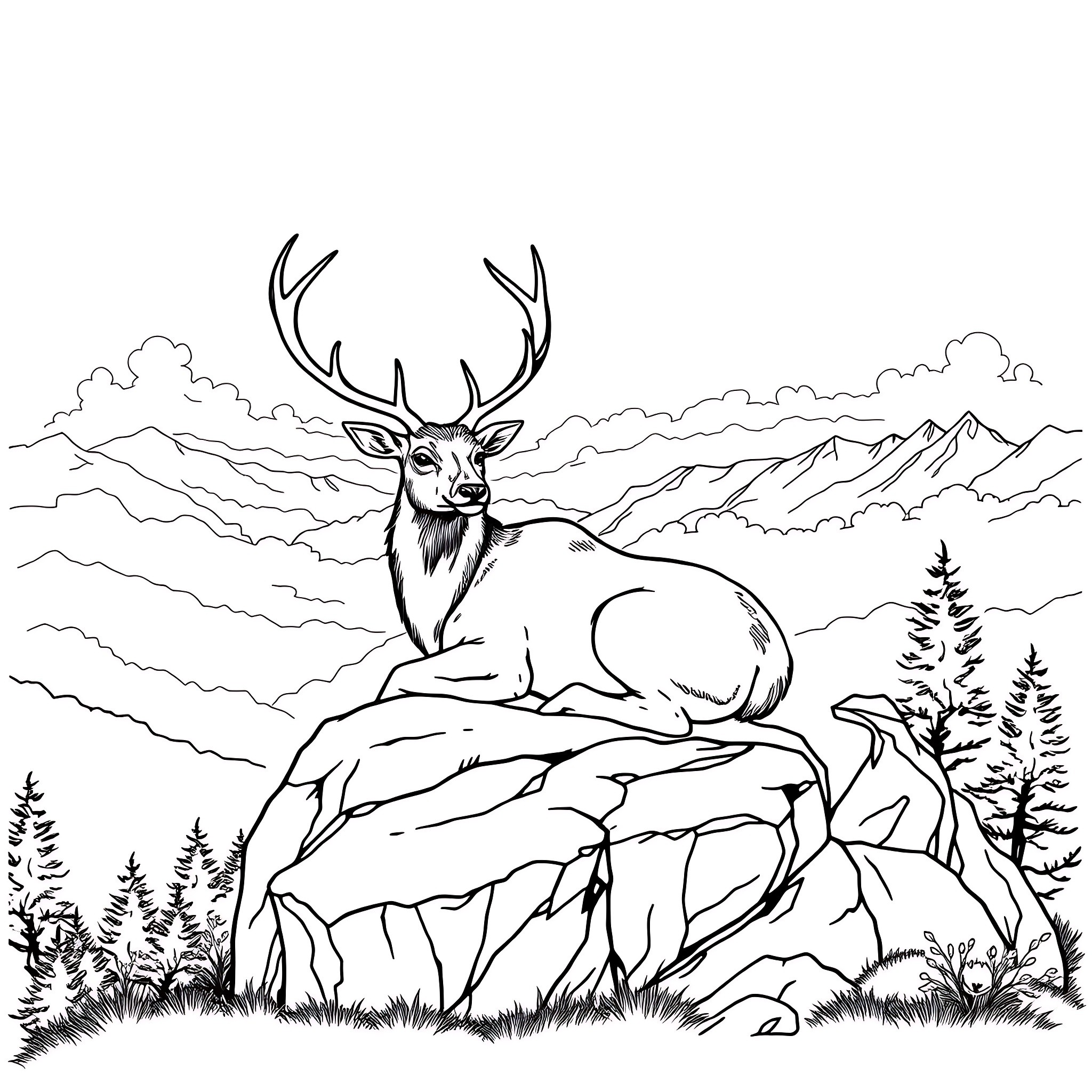 Deer standing majestically in the mountains Coloring Page (free black-and-white line drawing printable PDF for all, from beginners to advanced learners, including children, teens, adults, and seniors)
