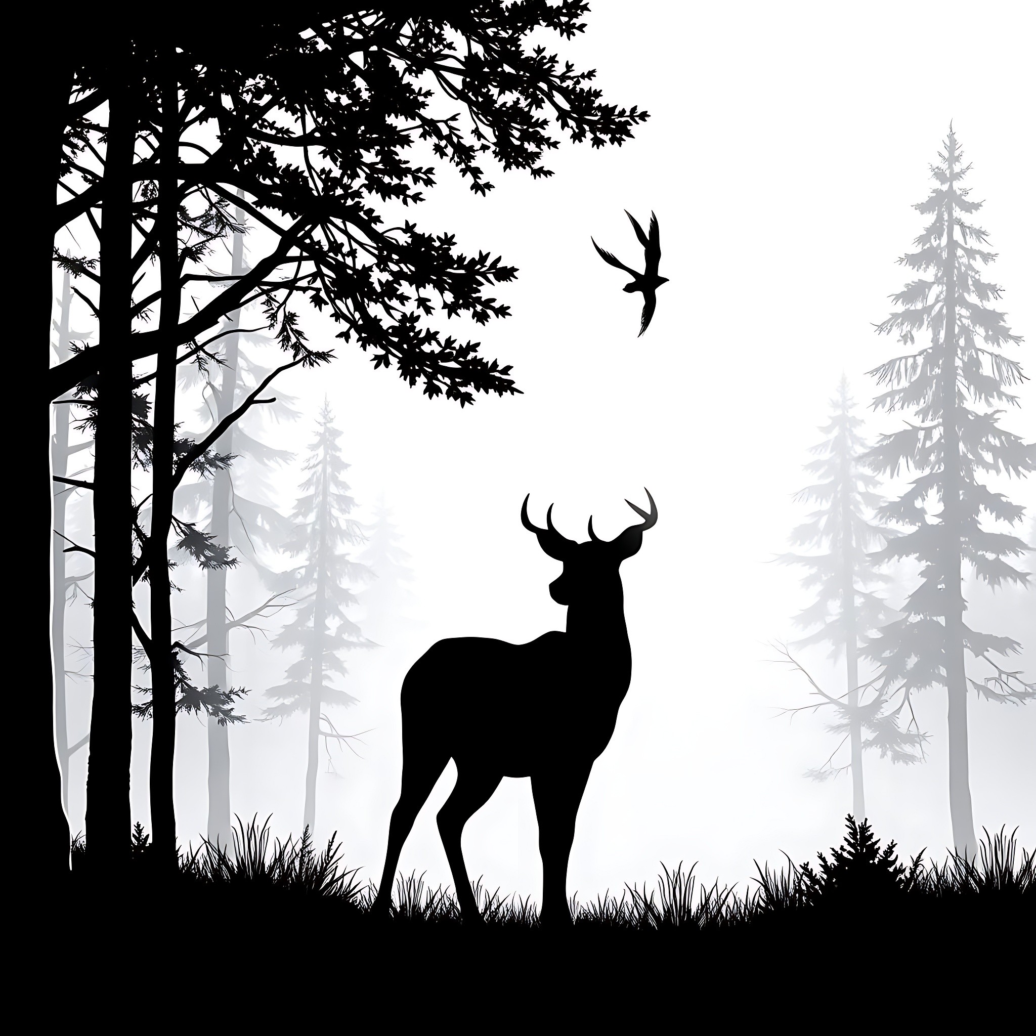 Deer silhouette in a misty forest Coloring Page (free black-and-white line drawing printable PDF for all, from beginners to advanced learners, including children, teens, adults, and seniors)