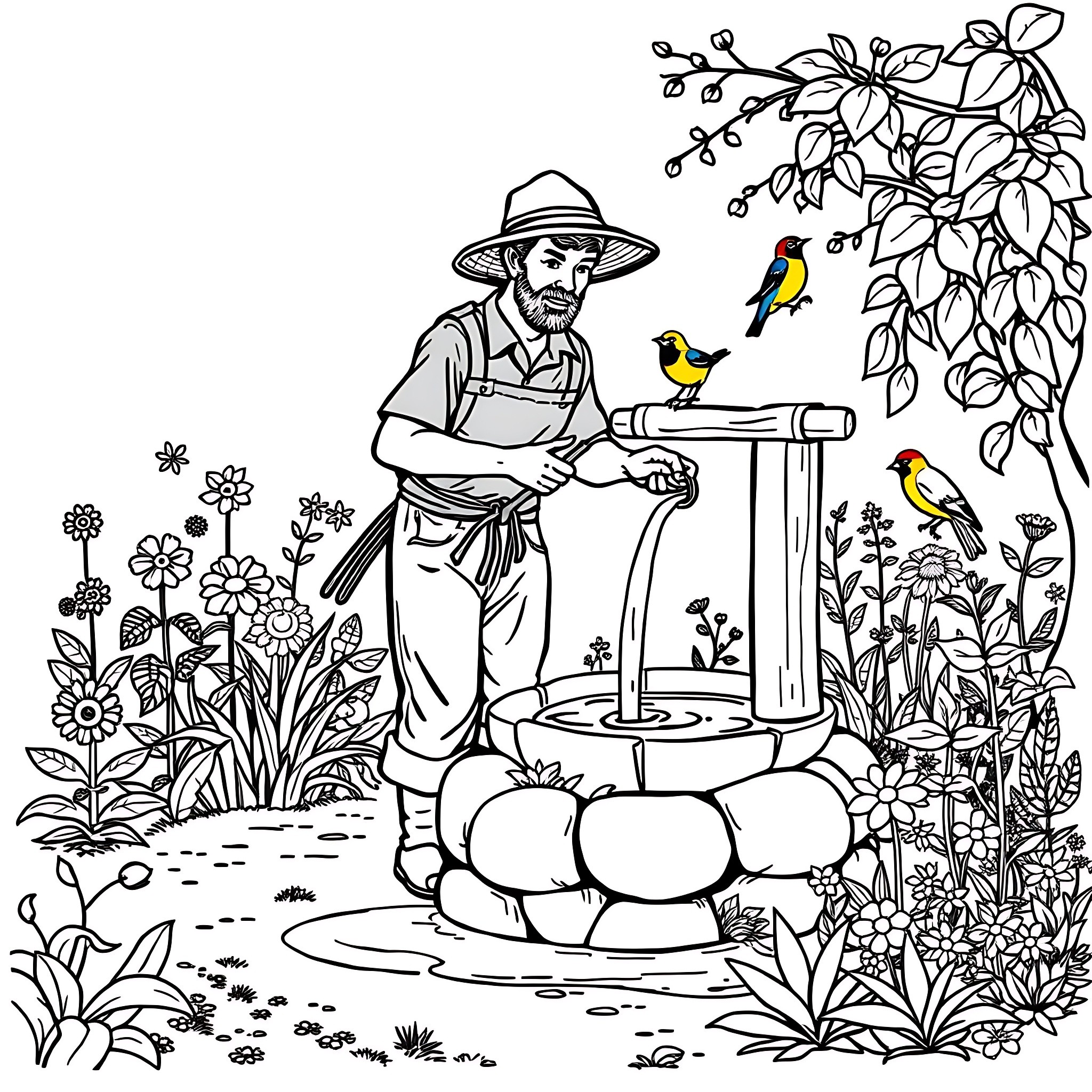 Farmer caring for birds in a lush garden Coloring Page (free black-and-white line drawing printable PDF for all, from beginners to advanced learners, including children, teens, adults, and seniors)