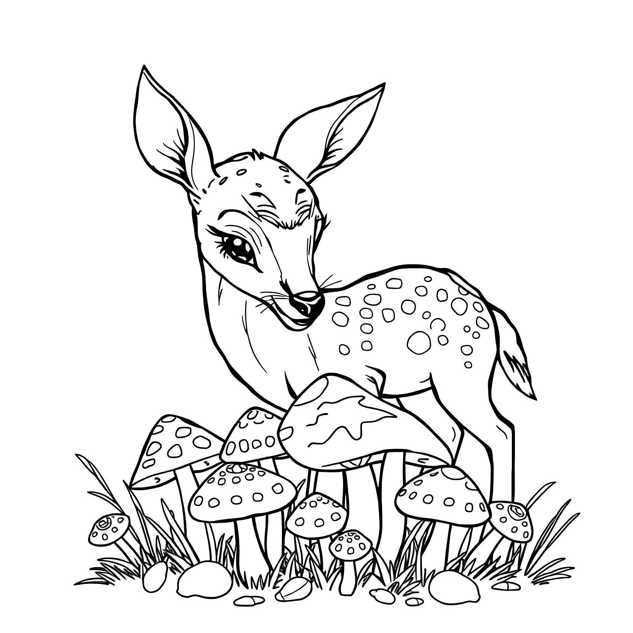 Deer resting peacefully among mushrooms in nature Coloring Page (free black-and-white line drawing printable PDF for all, from beginners to advanced learners, including children, teens, adults, and seniors)