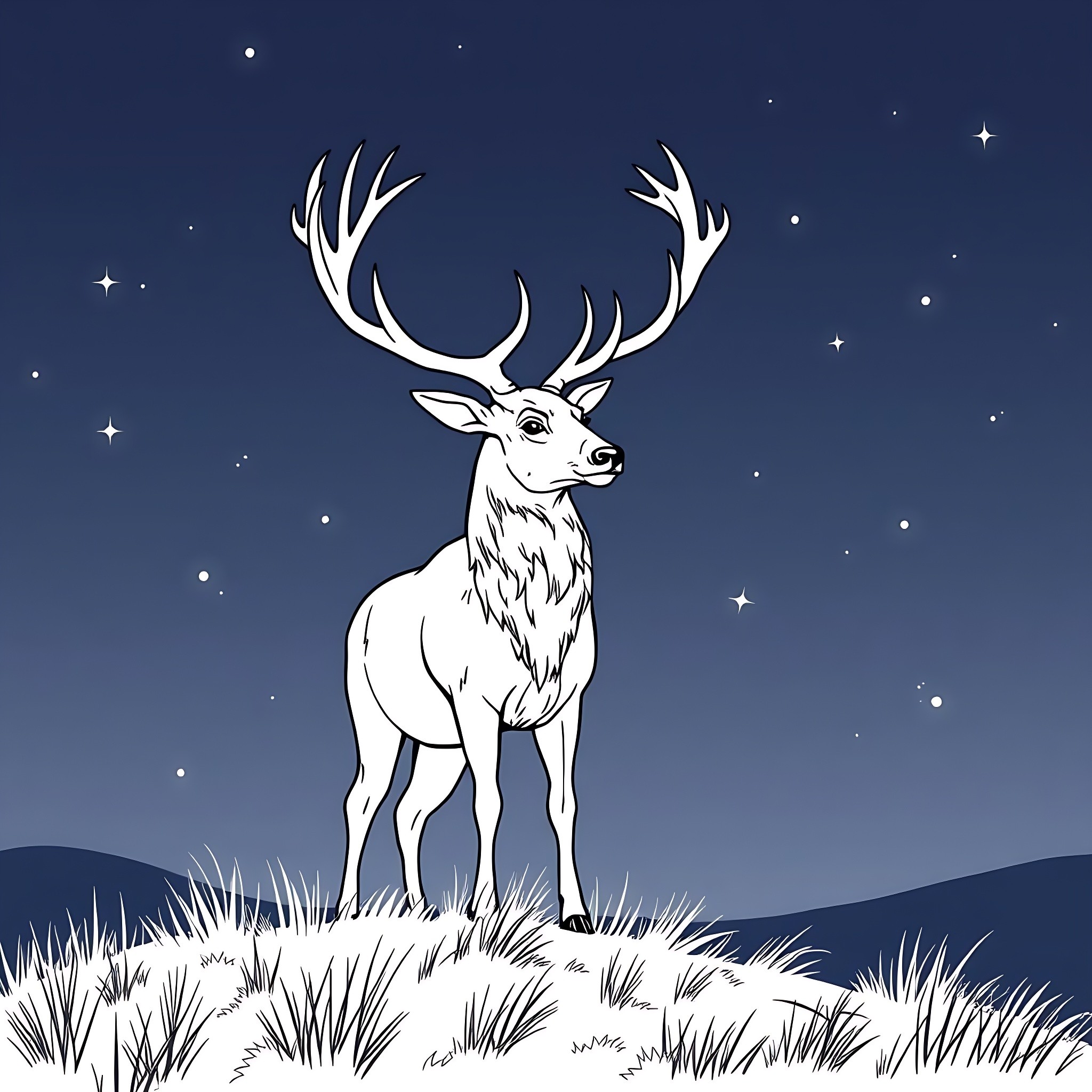 Deer standing gracefully under starry night sky Coloring Page (free black-and-white line drawing printable PDF for all, from beginners to advanced learners, including children, teens, adults, and seniors)