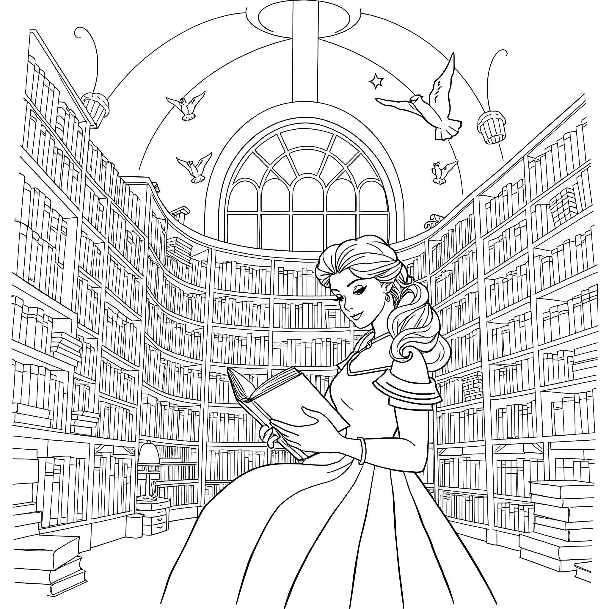 Belle Princess Reading in a Vast Library Coloring Page (free black-and-white line drawing printable PDF for all, from beginners to advanced learners, including children, teens, adults, and seniors)