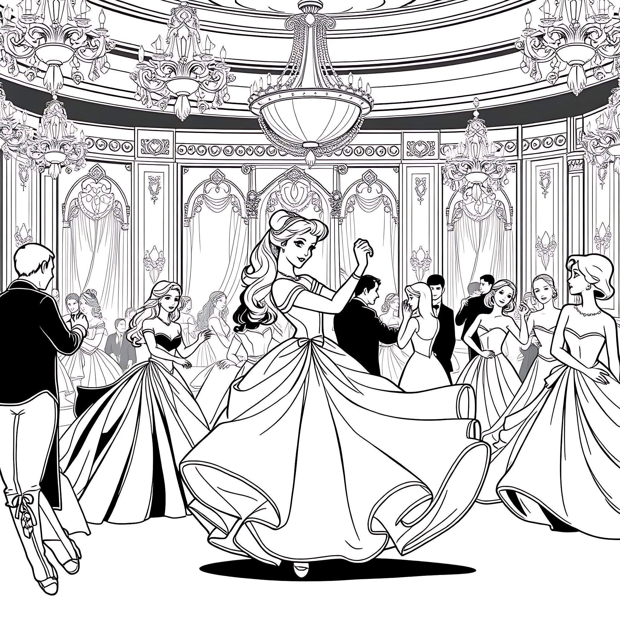Belle Princess Dances Gracefully at the Royal Ball Coloring Page (free black-and-white line drawing printable PDF for all, from beginners to advanced learners, including children, teens, adults, and seniors)