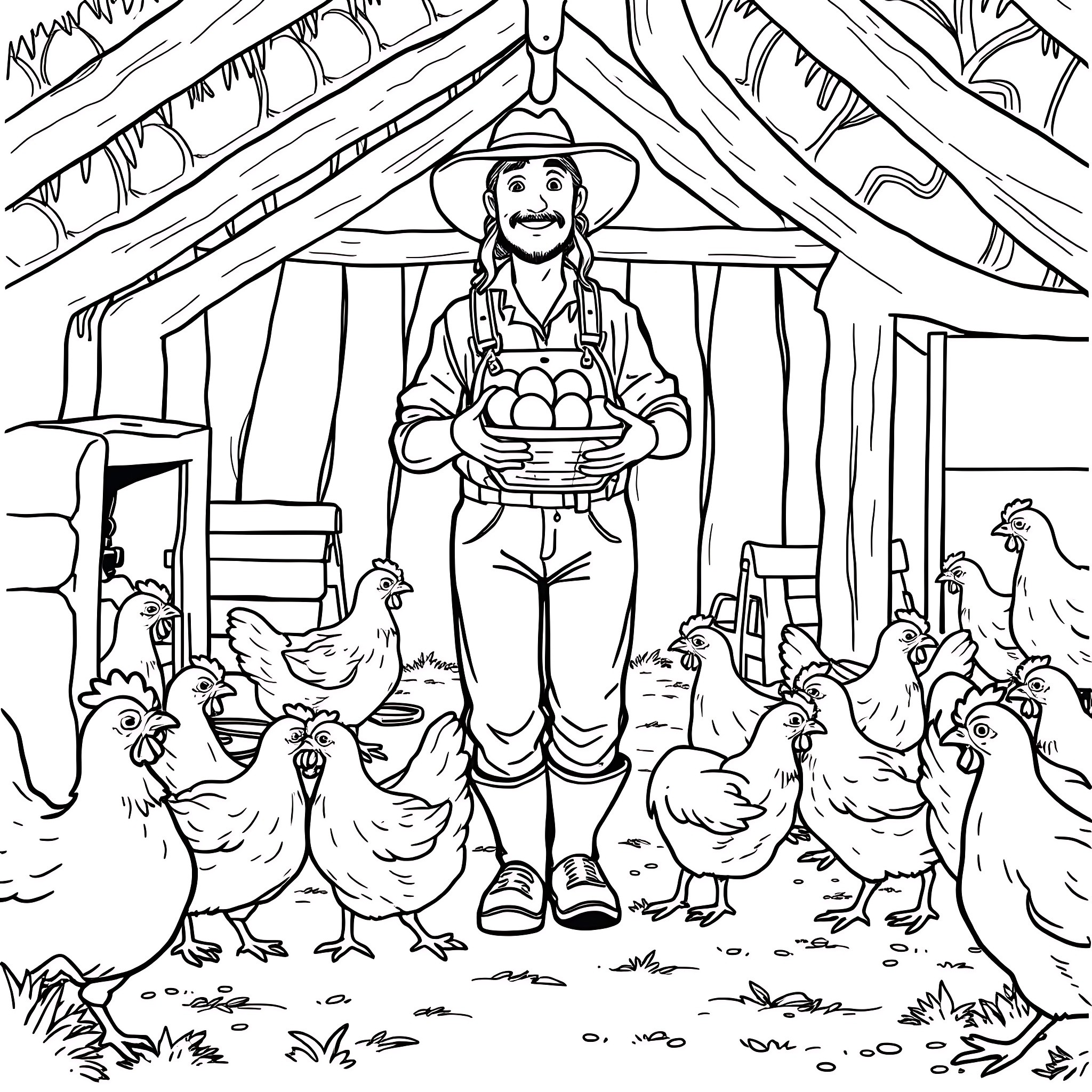 Farmer with basket of eggs and chickens in the barnyard Coloring Page (free black-and-white line drawing printable PDF for all, from beginners to advanced learners, including children, teens, adults, and seniors)