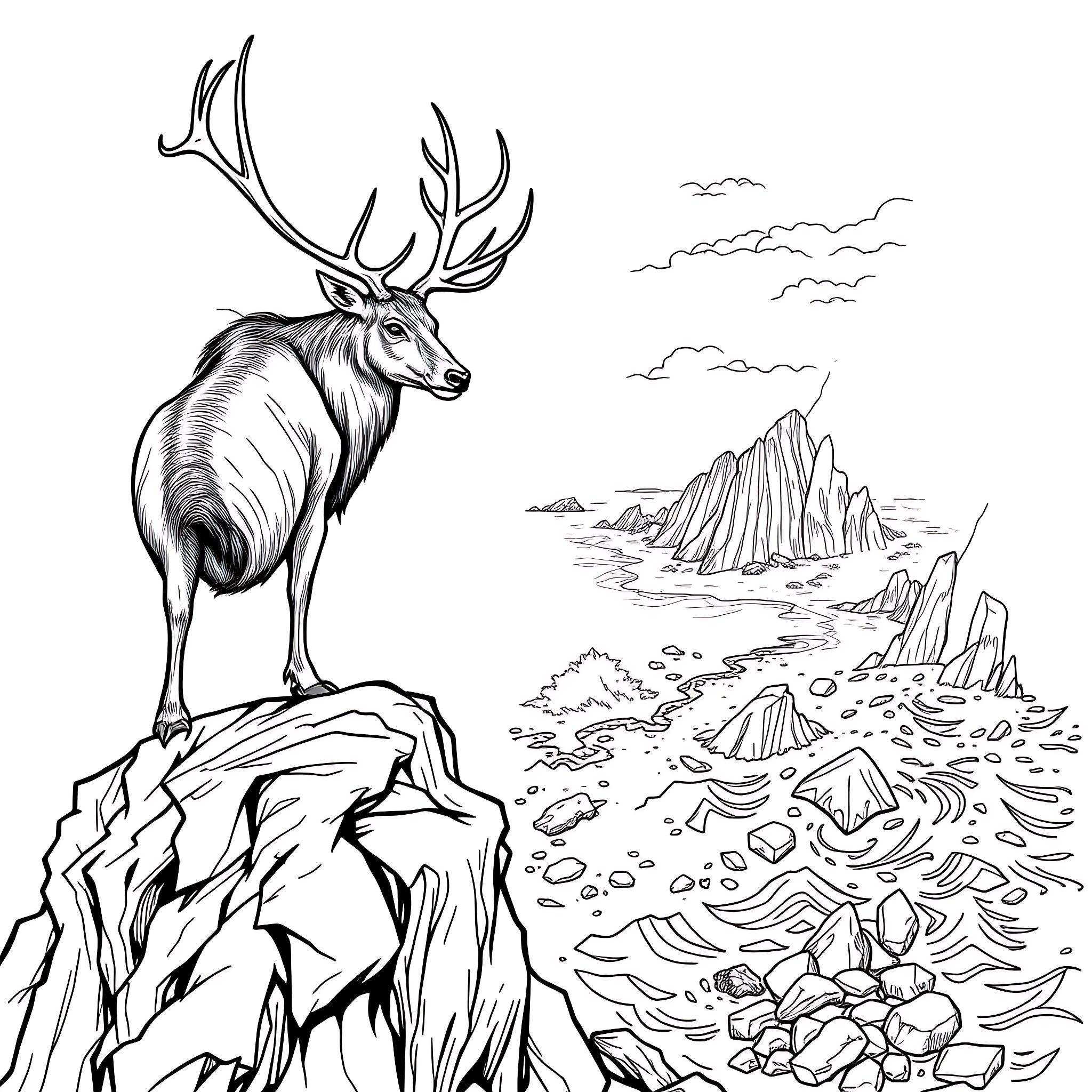 Deer standing atop a rocky cliff overlooking a scenic landscape Coloring Page (free black-and-white line drawing printable PDF for all, from beginners to advanced learners, including children, teens, adults, and seniors)