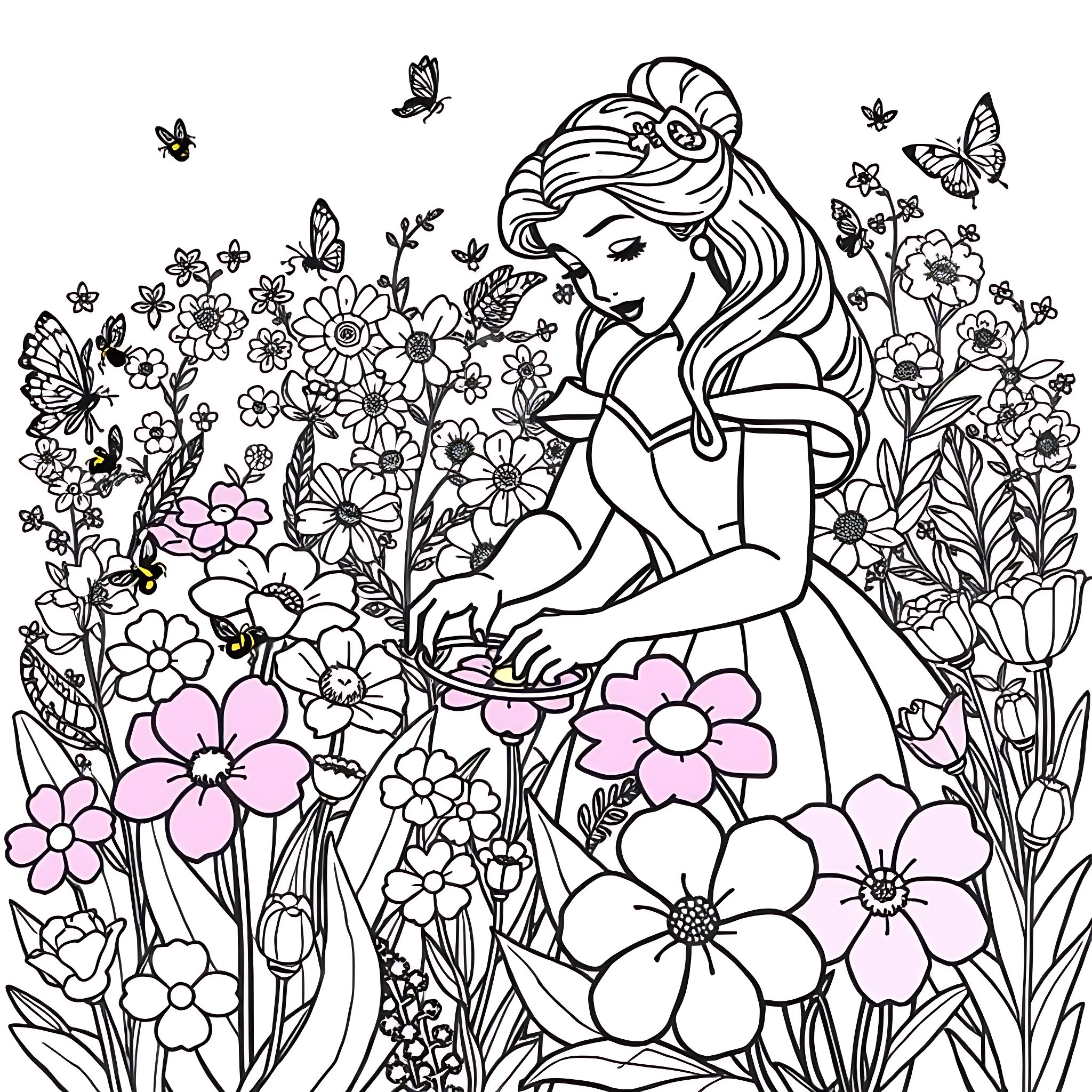 Belle Princess Surrounded by Blooming Flowers and Butterflies Coloring Page (free black-and-white line drawing printable PDF for all, from beginners to advanced learners, including children, teens, adults, and seniors)