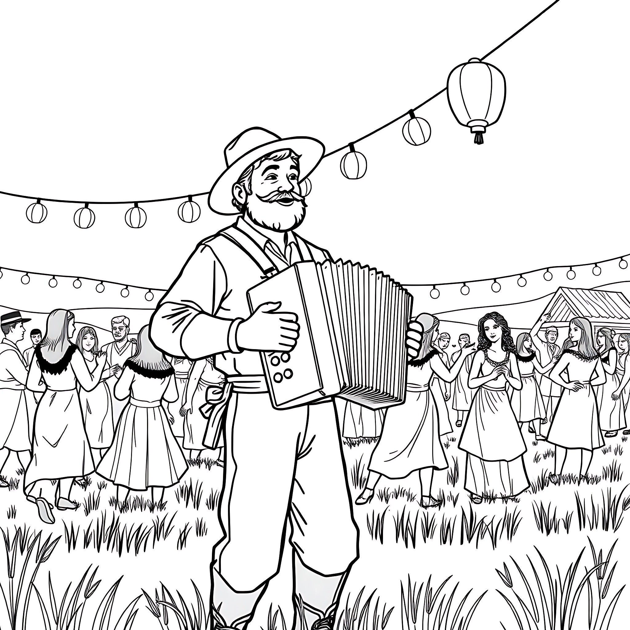 Farmer playing accordion at festival with dancers Coloring Page (free black-and-white line drawing printable PDF for all, from beginners to advanced learners, including children, teens, adults, and seniors)