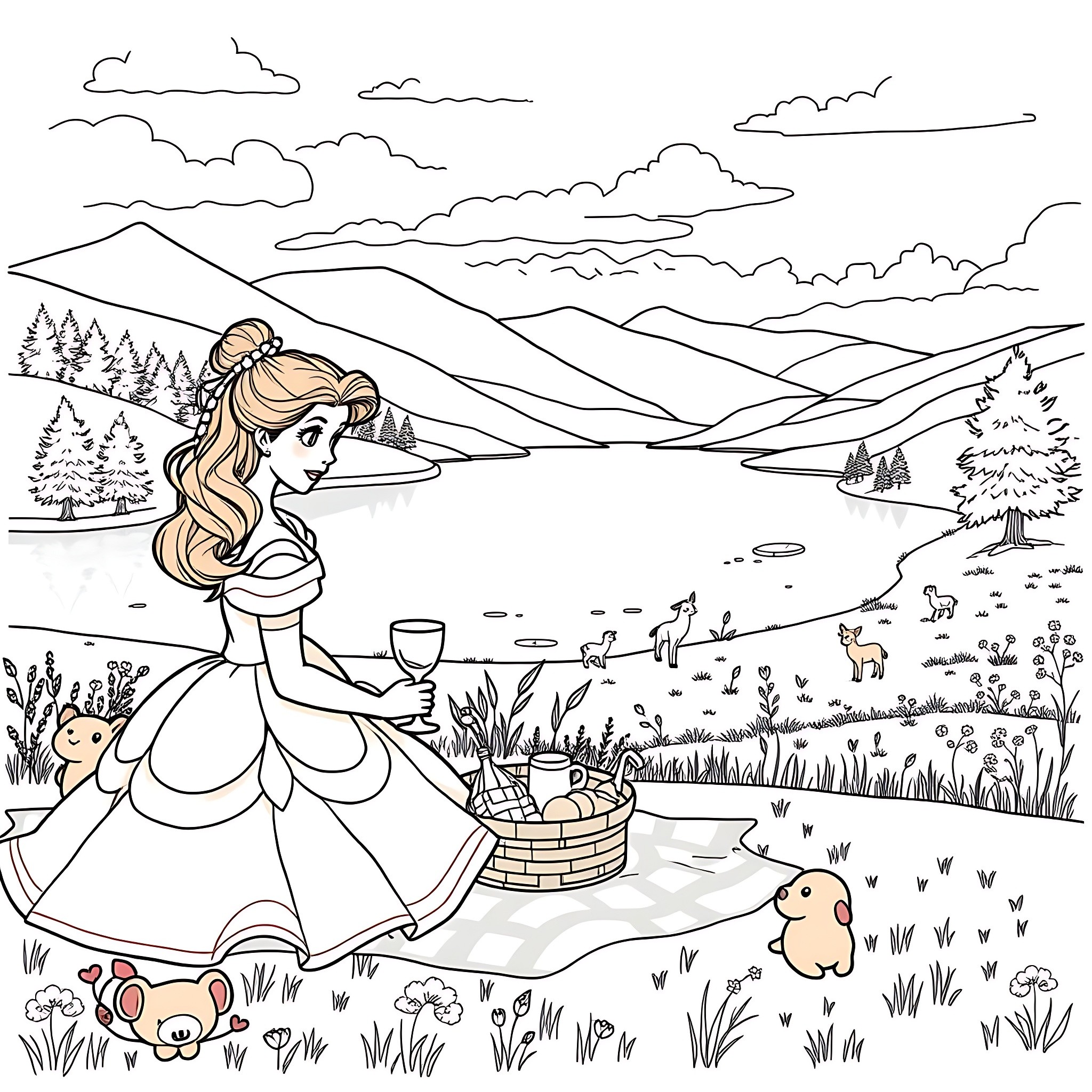 Belle Princess enjoying picnic in idyllic mountain landscape Coloring Page (free black-and-white line drawing printable PDF for all, from beginners to advanced learners, including children, teens, adults, and seniors)