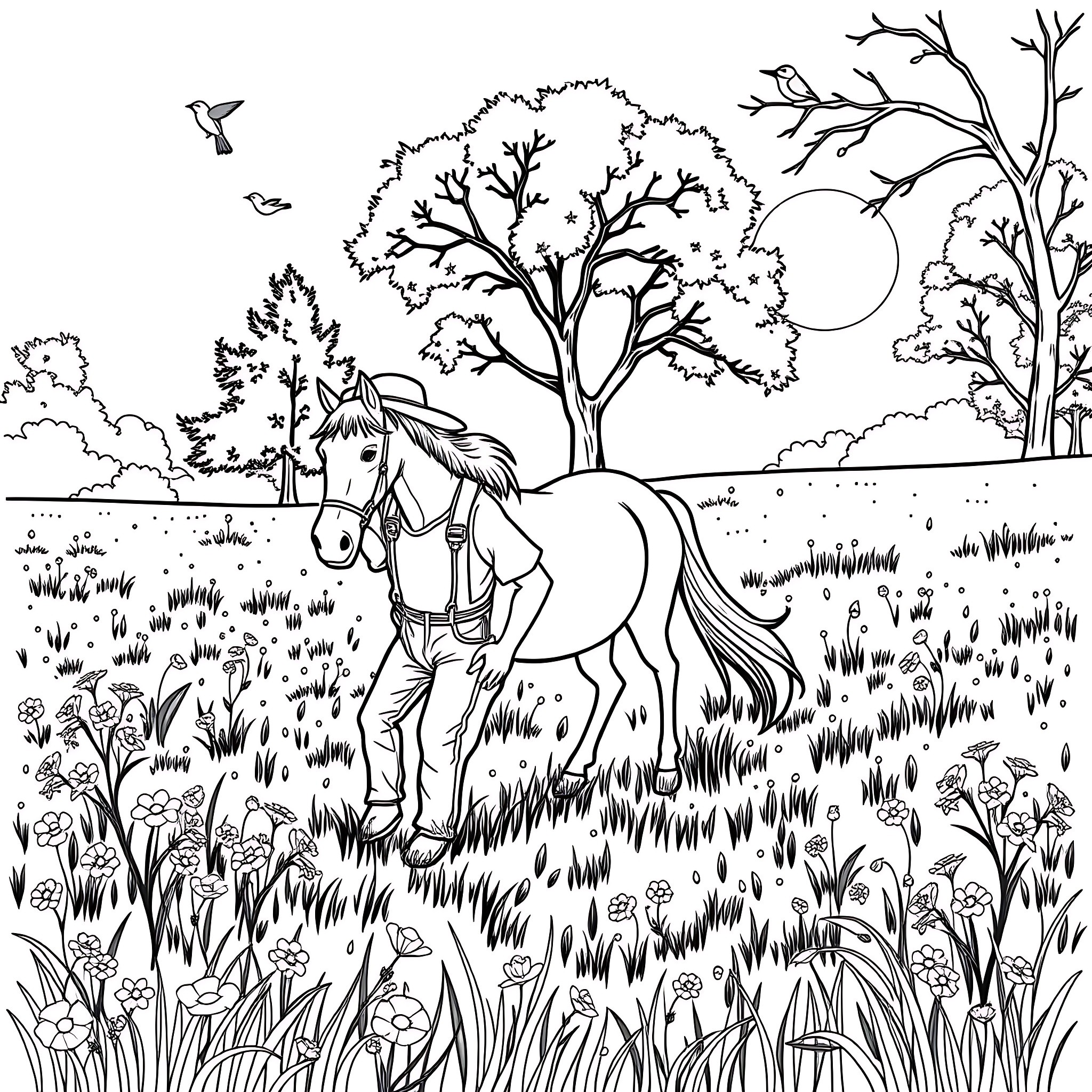 Farmer leading a horse through a serene countryside Coloring Page (free black-and-white line drawing printable PDF for all, from beginners to advanced learners, including children, teens, adults, and seniors)