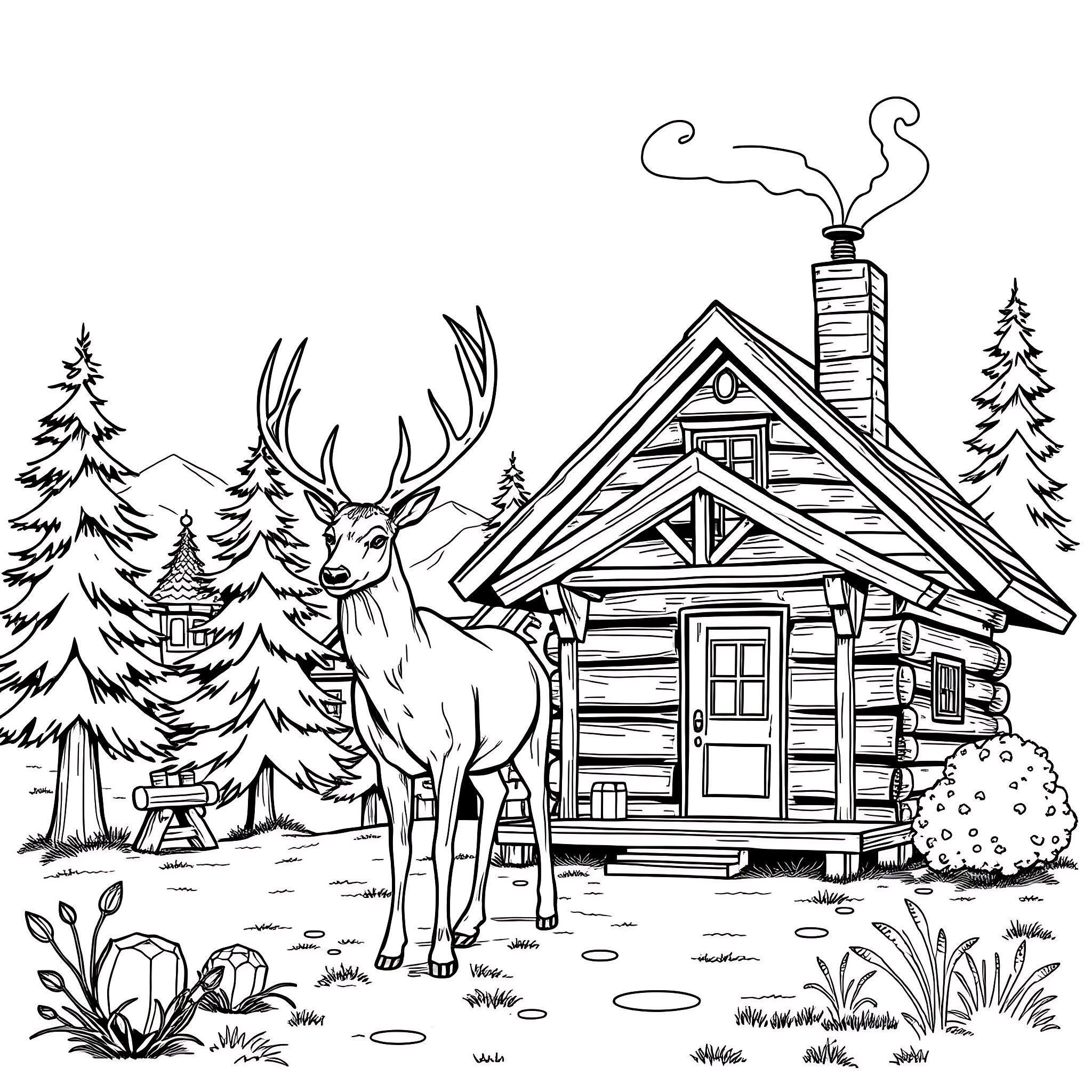 Deer near a cozy log cabin in the snowy forest Coloring Page (free black-and-white line drawing printable PDF for all, from beginners to advanced learners, including children, teens, adults, and seniors)