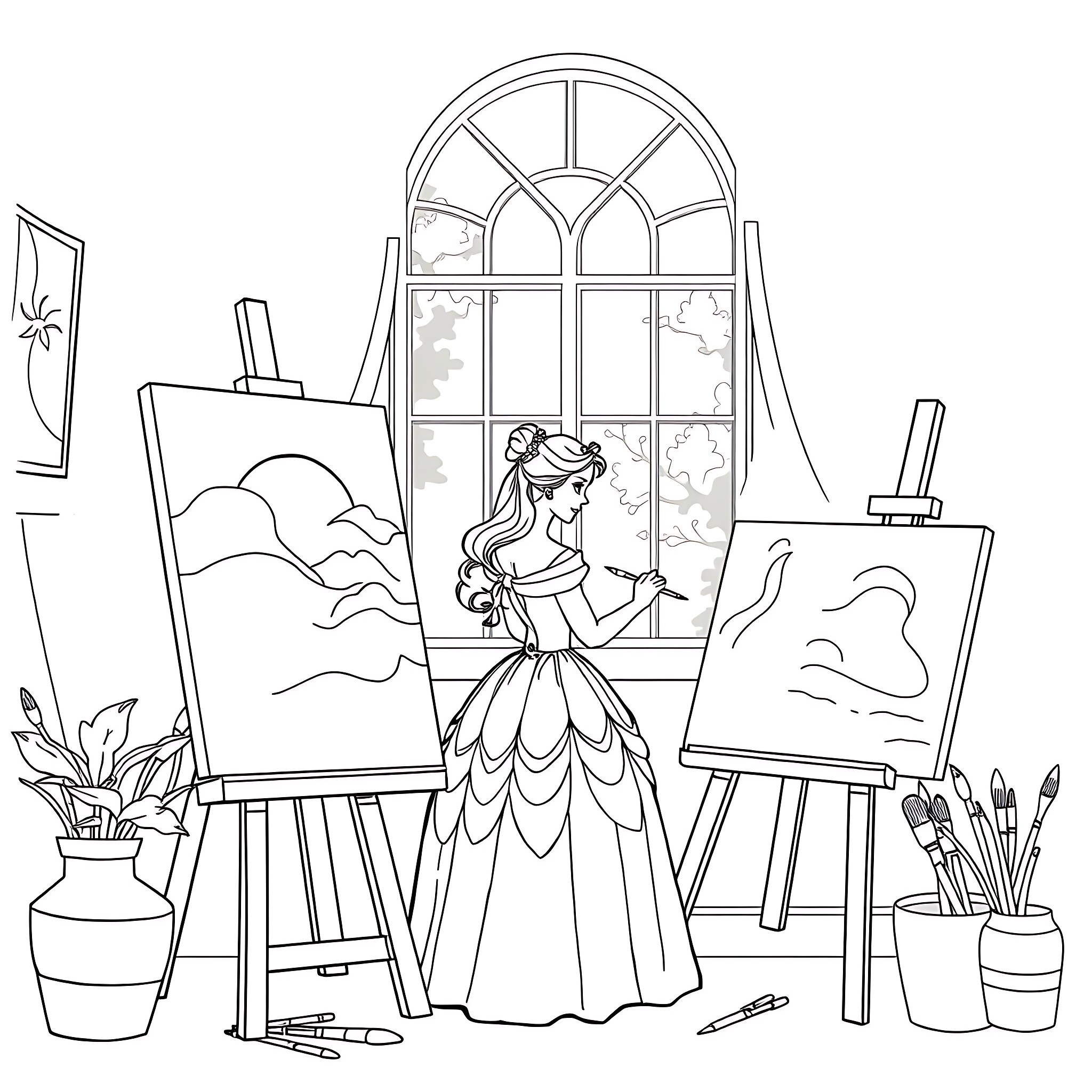 Belle Princess Painting Serene Landscapes in her Studio Coloring Page (free black-and-white line drawing printable PDF for all, from beginners to advanced learners, including children, teens, adults, and seniors)