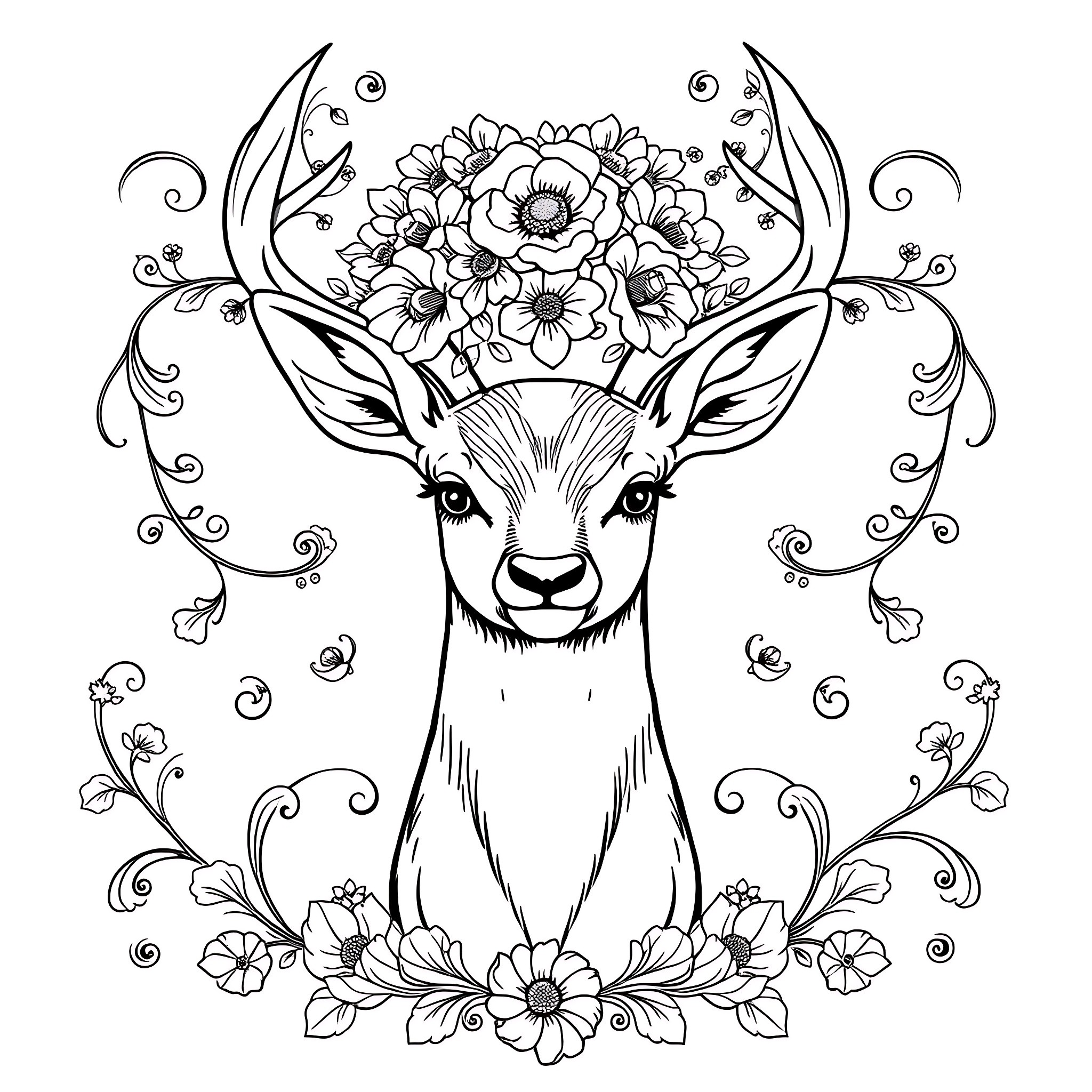 Deer surrounded by decorative floral elements Coloring Page (free black-and-white line drawing printable PDF for all, from beginners to advanced learners, including children, teens, adults, and seniors)