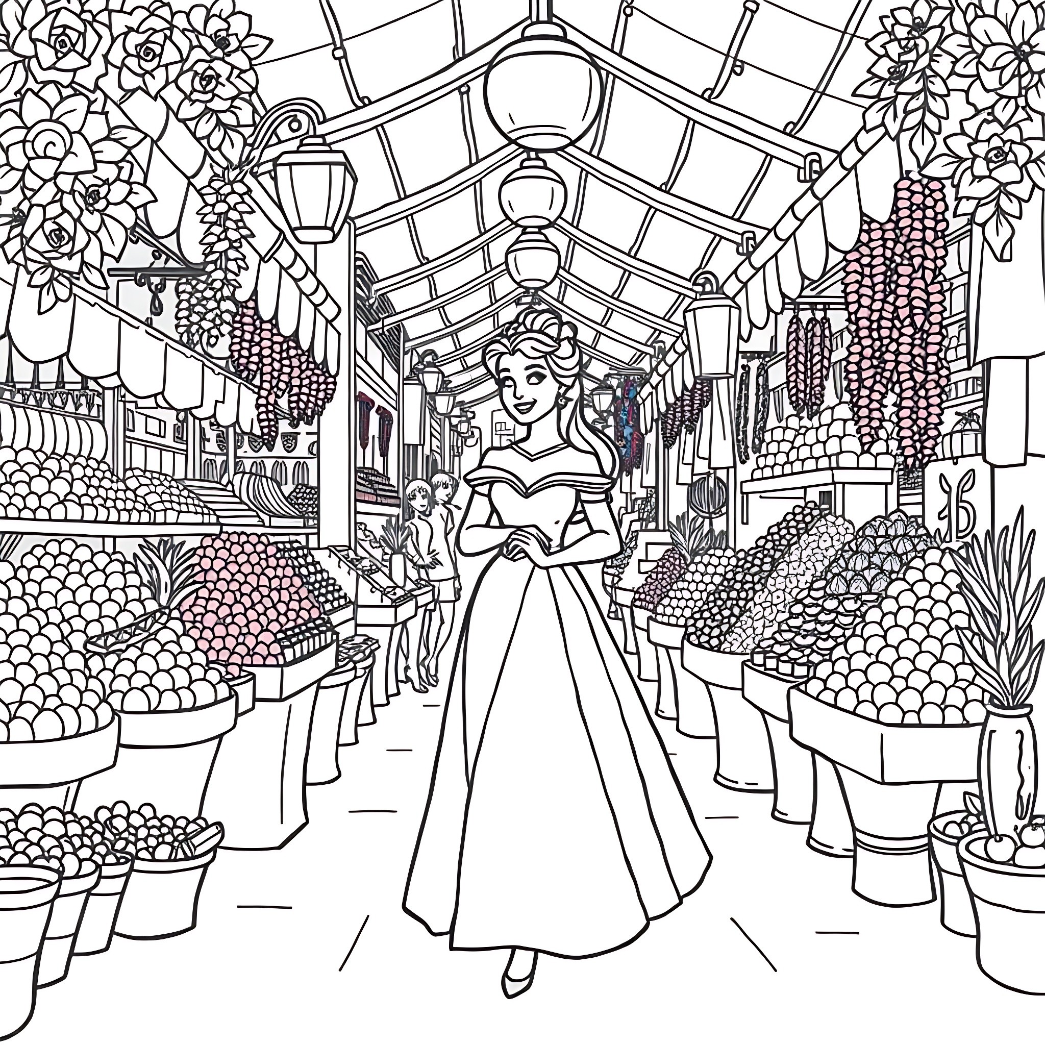 Belle Princess in a Whimsical Marketplace Coloring Page (free black-and-white line drawing printable PDF for all, from beginners to advanced learners, including children, teens, adults, and seniors)